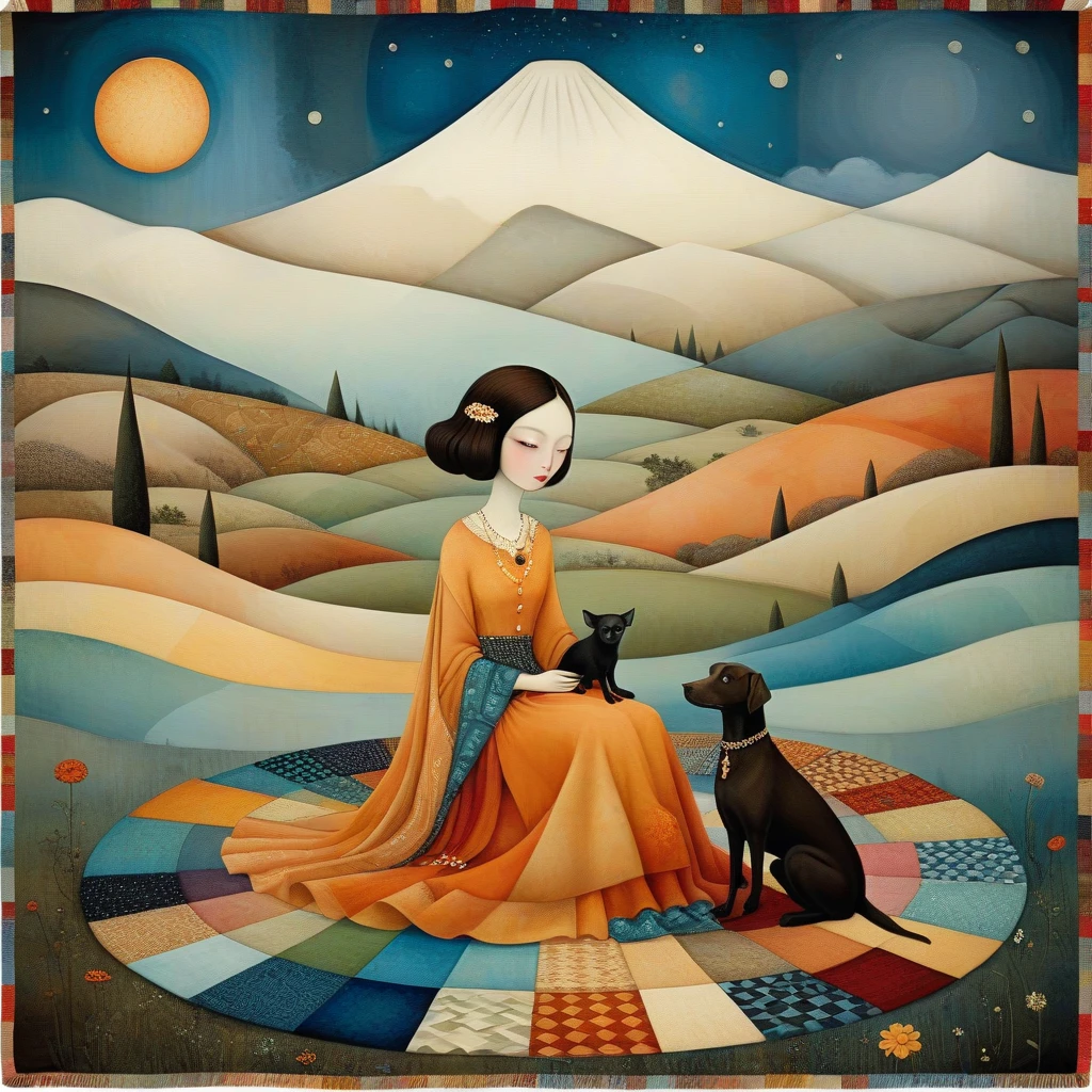 Style by Klimt, Nicoletta Ceccoli, Naoto Hattori, Catrin Welz-Stein, Leonora Carrington of wide shot of a woman is sitting, together with her (brown) Labrador dog, on a large patchwork blanket. Behind her is a wide valley with high snow-capped mountains. Sky with irregular glass rectangle pattern, sun disc in rectangles of different heights. Shades of colors, orange, red ochre, blue.
