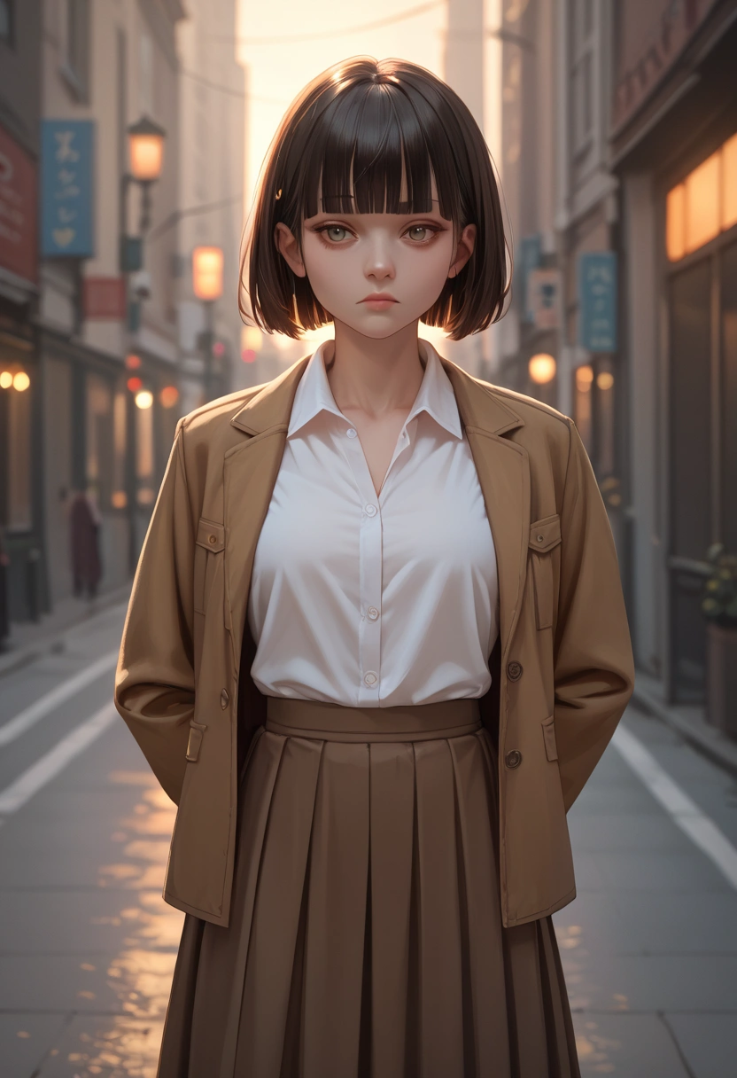 score 9, score 8_up, score 7_up, score real, beautiful face woman, Accurate limb expression, Troubled face、((brown short hair, blunt bangs)), amazing hourglass figure, (dark color long jacket and long skirt),(white collared long sleeve shirt), ((untucked shirt:1.2)), perfect figure, city at night, (standing with　Arms folded behind back) ,Arms behind back, front view, score_9, score_8_up, score_7_up, source real, real skin, BREAK,, score_9, score_8_up, score_7_up, score_9, score_8_up, score_7_up, face,score_9, score_8_up, score_7_up,source_real,real skin, BREAK