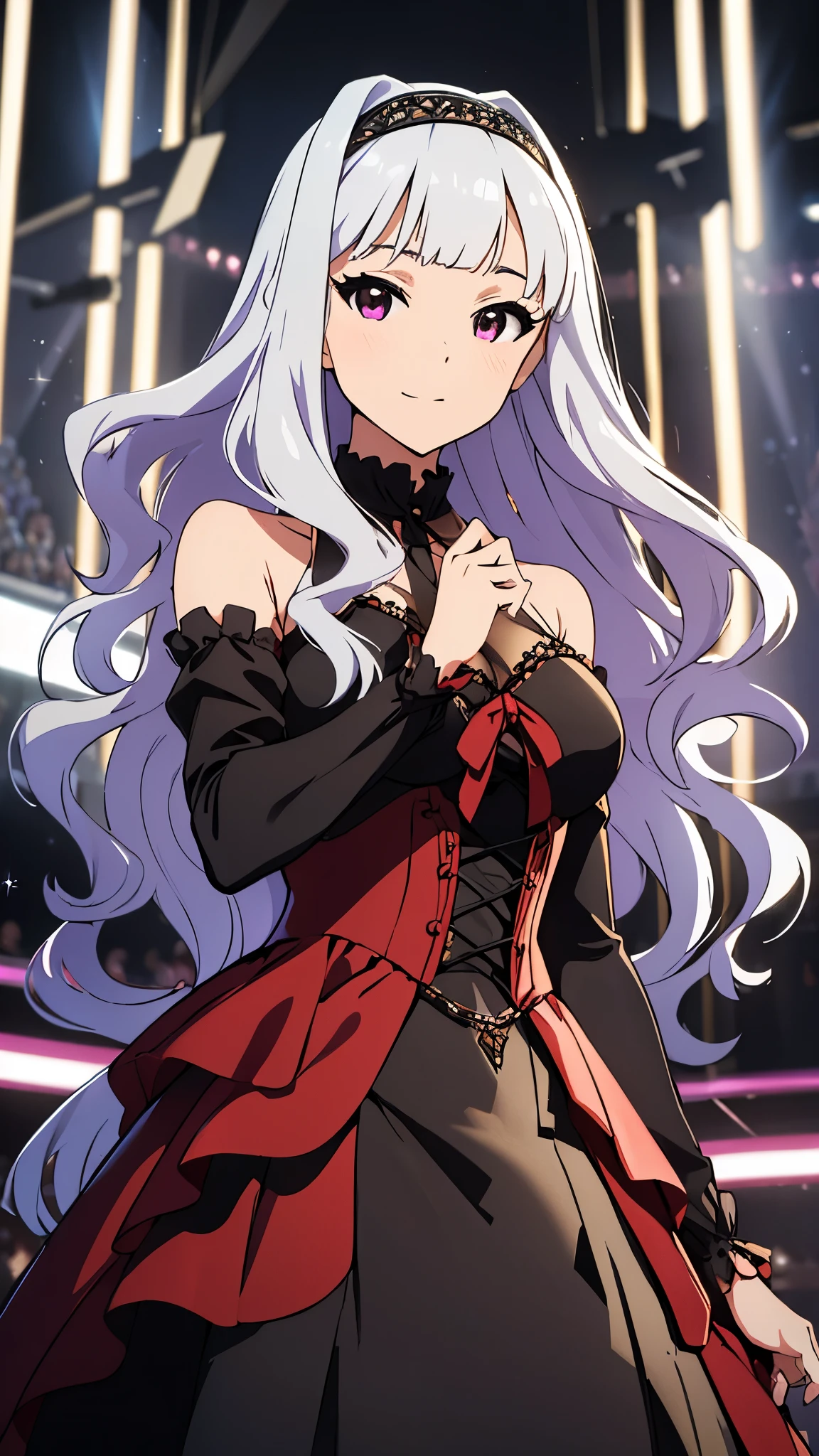 (beautiful woman: 1.3), takane shijou, white long hair, BREAK, dark red dress, sleeveless dress,layered dress, cross-laced dress,long sleeves, bare shoulders, frills, detached sleeves, corset, cool look, wide, on a grand stage, (cinematic angle), idol concert, singing, looking at viewer, diva, stage, white curtain, stage lights, splendid, light particles, lens flare, depth of field, blurry, blurry background, (stars, glitters), milestone celebration, CG, unity, 8k, wallpaper, highest quality, masterpiece, best lightning