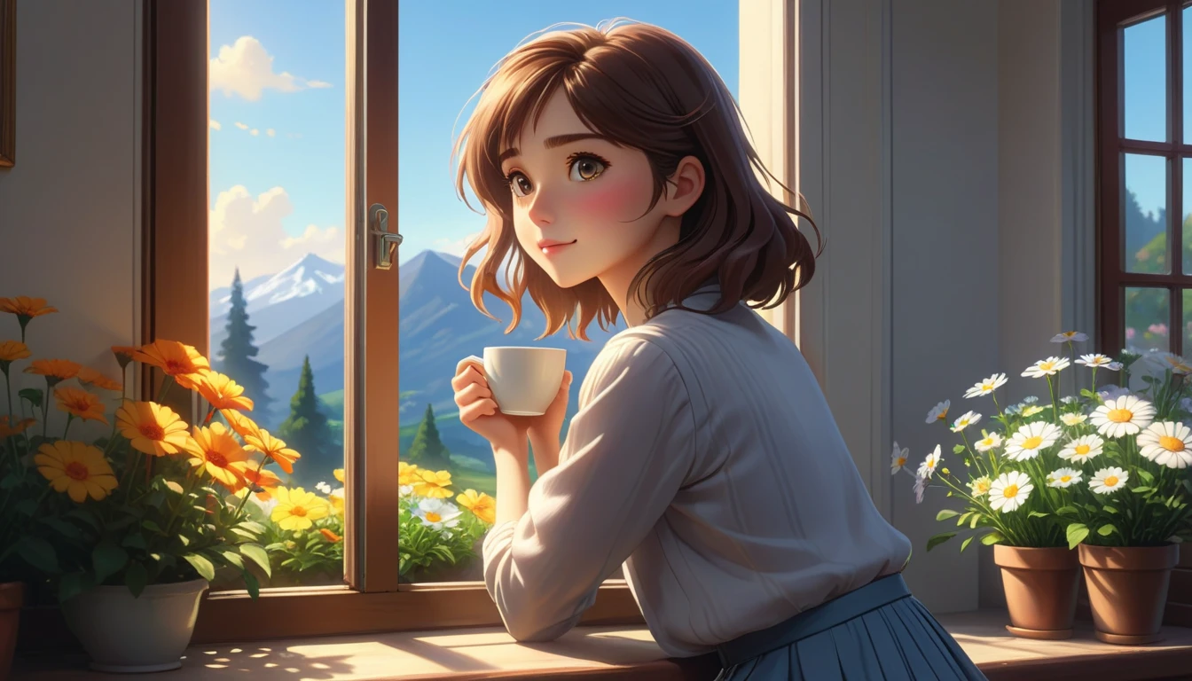 Oil painting, girl leaning against the window sill, resting her chin on the window and looking out the window, wide open window, (outside the window, various flowers are blooming in the flower bed), very delicate and soft lighting, details, Ultra HD, 8k, animated film, girl , holding 1 coffee cup, sitting on the window sill, holding a cup in both hands, shaking legs,
(masterpiece:1.2), (best quality:1.2), newest, ai-generated, ultra-detailed, best shadow, detailed background, high contrast, (best illumination, an extremely delicate and beautiful), ((cinematic light)), hyper detail, dramatic light, intricate details, 8k, anime, very aesthetic,