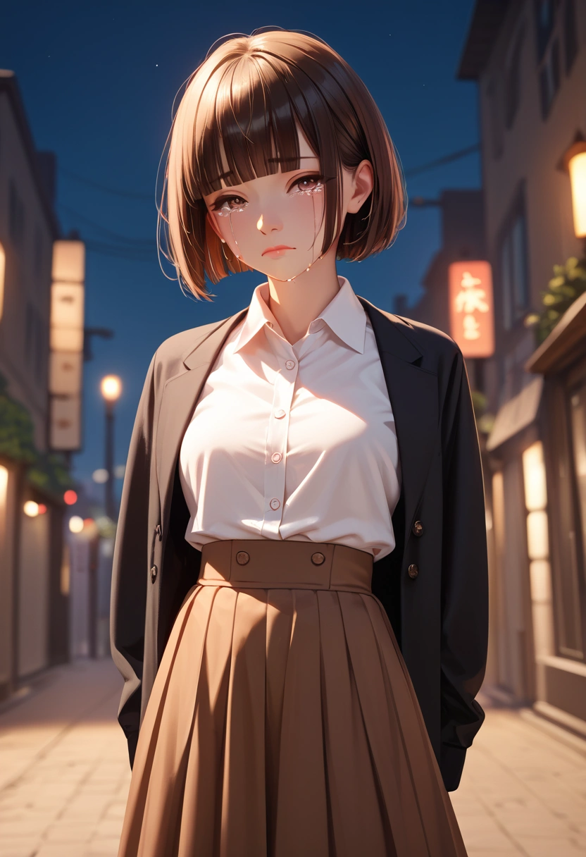 score 9, score 8_up, score 7_up, score real, beautiful face woman, Accurate limb expression, Crying face 、((brown short hair, blunt bangs)), amazing hourglass figure, (dark color long jacket and long skirt),(white collared long sleeve shirt), ((untucked shirt:1.2)), perfect figure, city at night, (standing with　Arms folded behind back) ,Arms behind back, front view, score_9, score_8_up, score_7_up, source real, real skin, BREAK,, score_9, score_8_up, score_7_up, score_9, score_8_up, score_7_up, face,score_9, score_8_up, score_7_up,source_real,real skin, BREAK