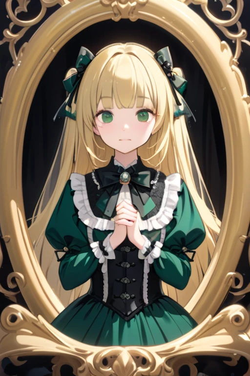 prompt: 8K resolution, delicate features, , single, unique students, shy smile, blonde, princess cut, Bow hair ornament, brooch, shiny dark green dress, ****ta style, gothic style, Folded hands, facing the viewer, Otaku Room, Female imps