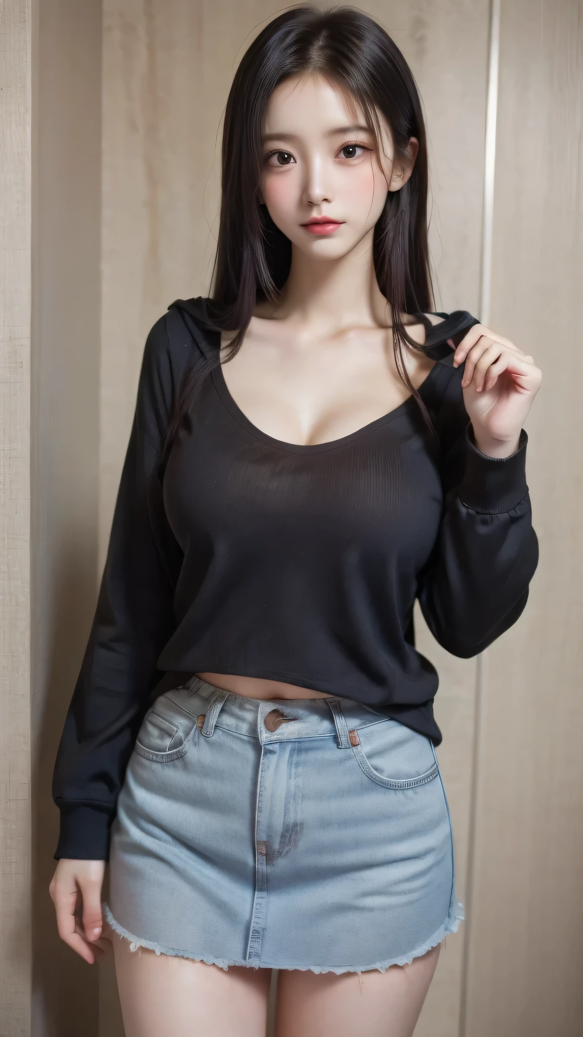 4K, Masterpiece, highres, absurdres, sexy top, a woman wearing a black top and jeans , wearing a sexy top, , superb embroidery, solo, a woman standing in the living room, face detailed, cute face, detailed eyes, smirk smile, good lightning photography, fullbody, smile, dog pose, Malay girl using hijab sexy