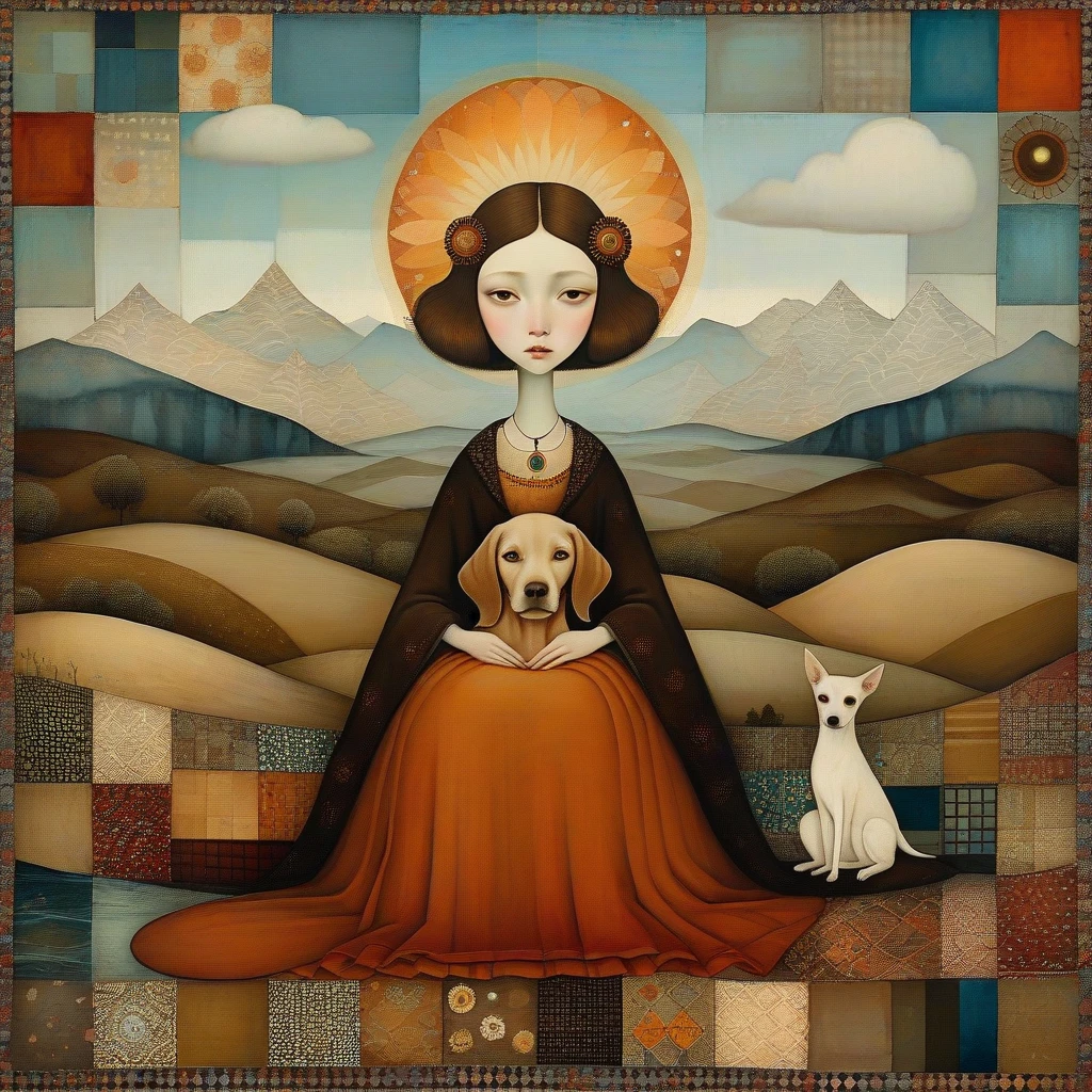 Style by Klimt, Nicoletta Ceccoli, Naoto Hattori, Catrin Welz-Stein, Leonora Carrington of wide shot of a woman is sitting, together with her (brown) Labrador dog, on a large patchwork blanket. Behind her is a wide valley with high snow-capped mountains. Sky with irregular glass rectangle pattern, sun disc in rectangles of different heights. Shades of colors, orange, red ochre, blue.
