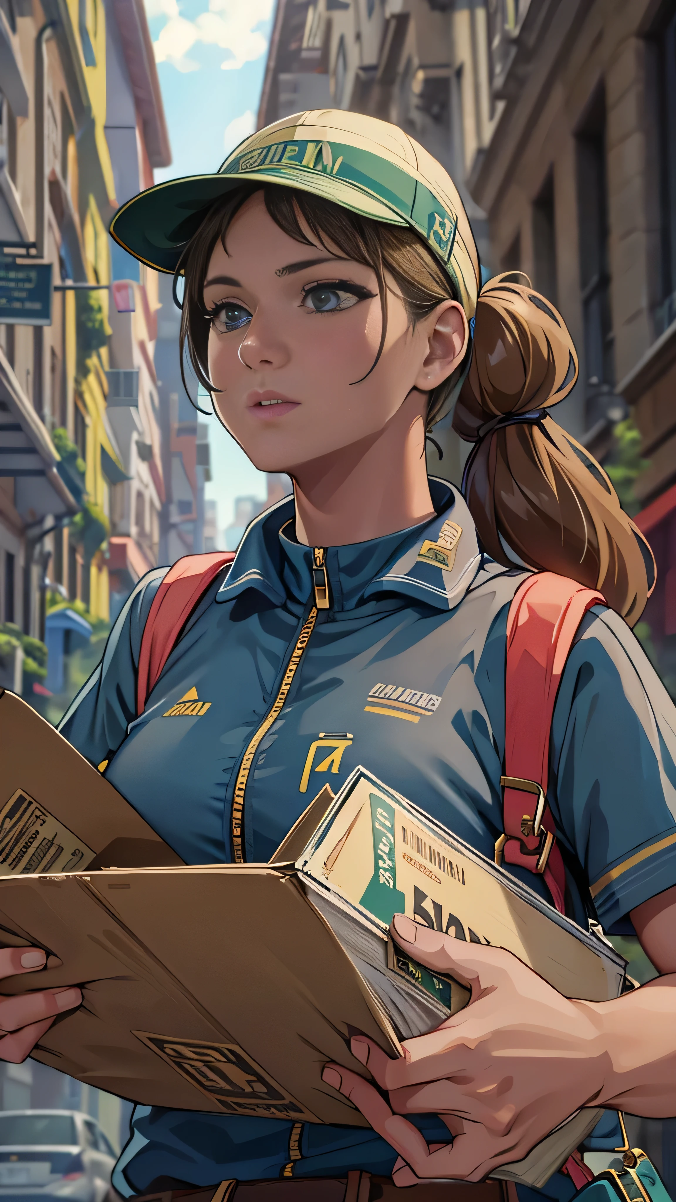 Female courier, Touring, On the way to delivery, On the streets of the city,  high detail, 4K, masterpiece.