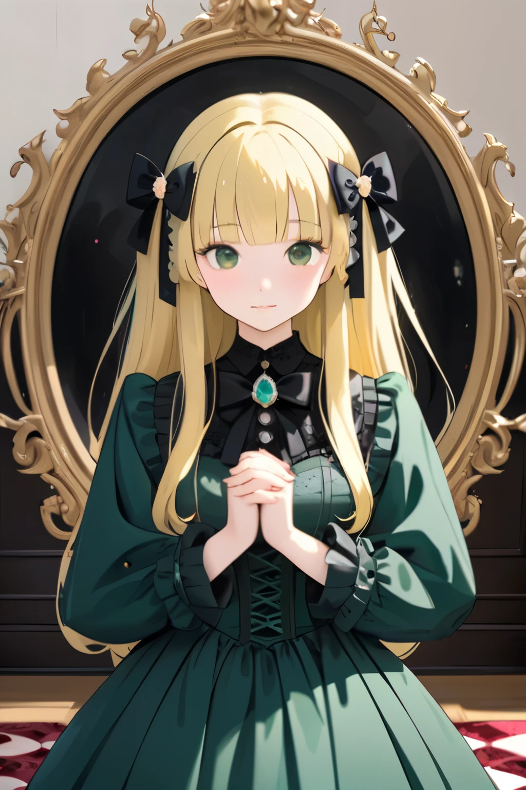 prompt: 8K resolution, delicate features, , single, unique students, shy smile, blonde, princess cut, Bow hair ornament, brooch, shiny dark green dress, ****ta style, gothic style, Folded hands, facing the viewer, Otaku Room, Female imps