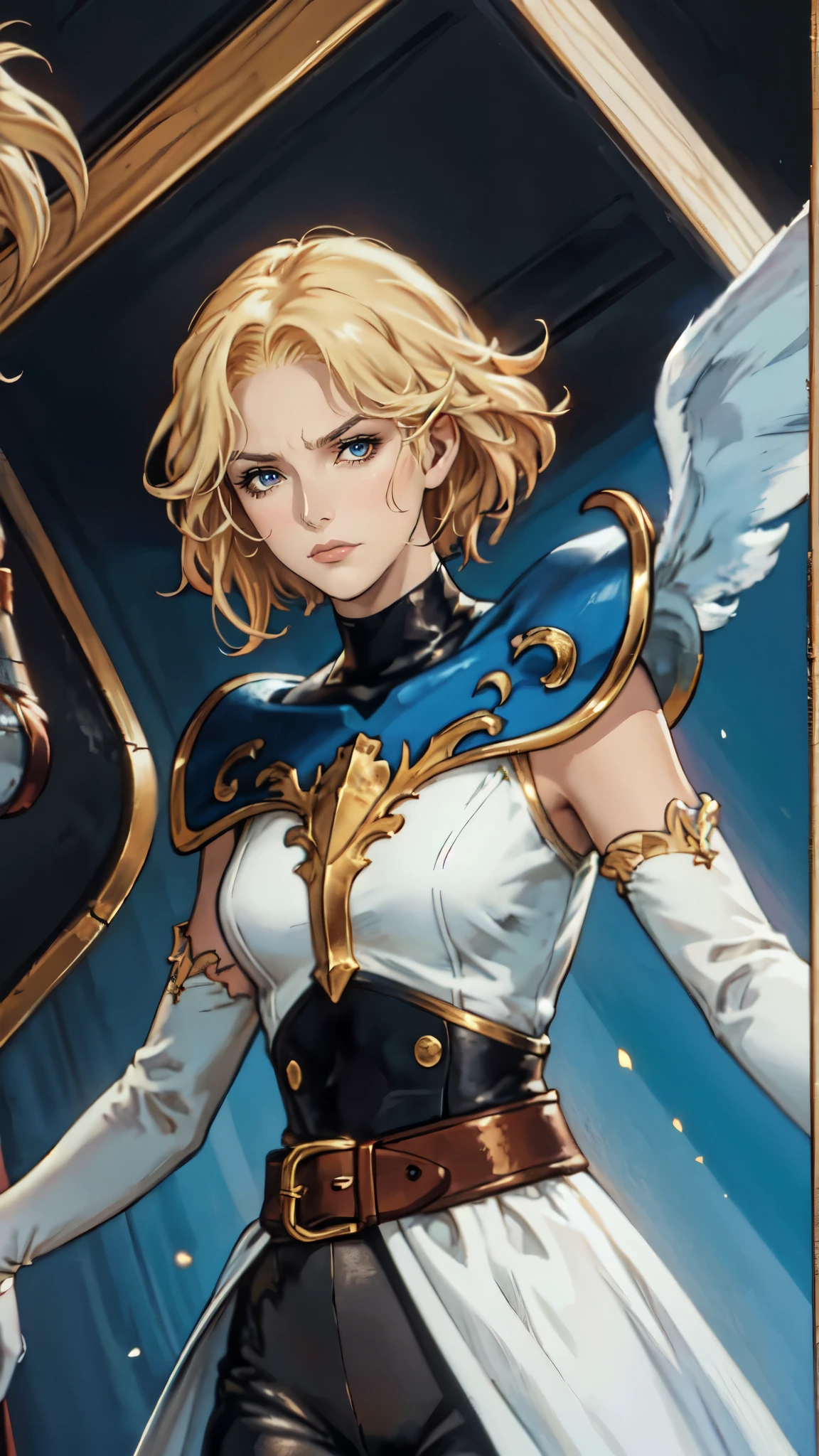 (masterpiece:1.2, best quality:1.2, extremely delicate:1.2), a beautiful woman with short tousled golden hair, deep-set eyes, sharply defined features, serious expression, luxurious yellow-and-white fantasy-style composite silk satin top, silk ribbon cape around the upper body, small metallic shoulder pads, fabric gloves, a belt adorned with metallic gear decorations, dark hem, white fabric trousers, strolling in a medieval fantasy-style city, this character embodies a finely crafted fantasy-style nobleman in anime style, exquisite and mature manga art style, dramatic, high definition, highres, ultra-detailed, ultra-fine painting, professional, perfect body proportions, golden ratio, anatomically correct, symmetrical face, extremely detailed eyes and face, high quality eyes, creativity, RAW photo, UHD, 32k, Natural light, cinematic lighting, (masterpiece-anatomy-perfect:1.2)