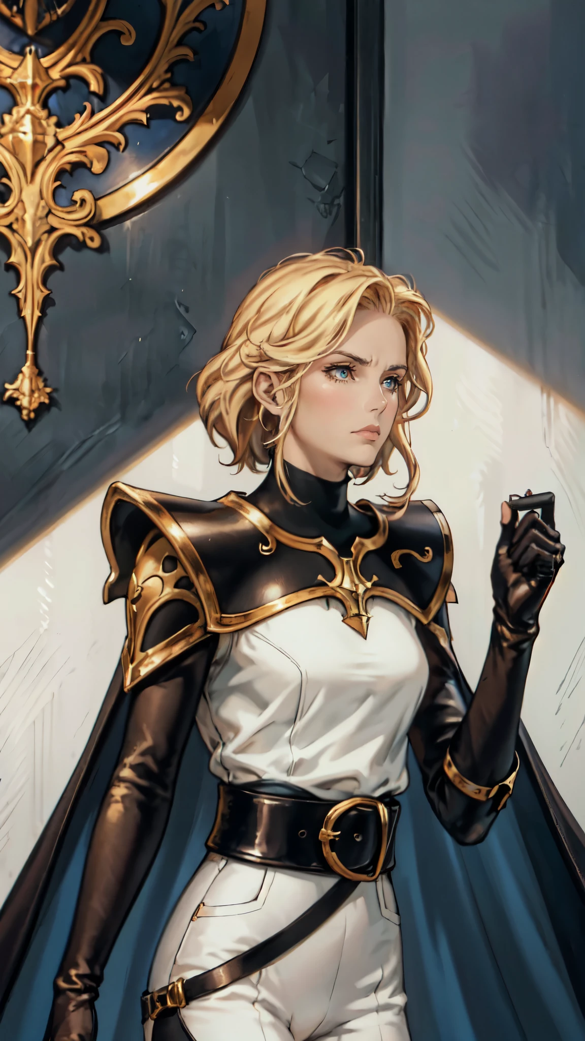 (masterpiece:1.2, best quality:1.2, extremely delicate:1.2), a beautiful woman with short tousled golden hair, deep-set eyes, sharply defined features, serious expression, luxurious yellow-and-white fantasy-style composite silk satin top, silk ribbon cape around the upper body, small metallic shoulder pads, fabric gloves, a belt adorned with metallic gear decorations, dark hem, white fabric trousers, strolling in a medieval fantasy-style city, this character embodies a finely crafted fantasy-style nobleman in anime style, exquisite and mature manga art style, dramatic, high definition, highres, ultra-detailed, ultra-fine painting, professional, perfect body proportions, golden ratio, anatomically correct, symmetrical face, extremely detailed eyes and face, high quality eyes, creativity, RAW photo, UHD, 32k, Natural light, cinematic lighting, (masterpiece-anatomy-perfect:1.2)