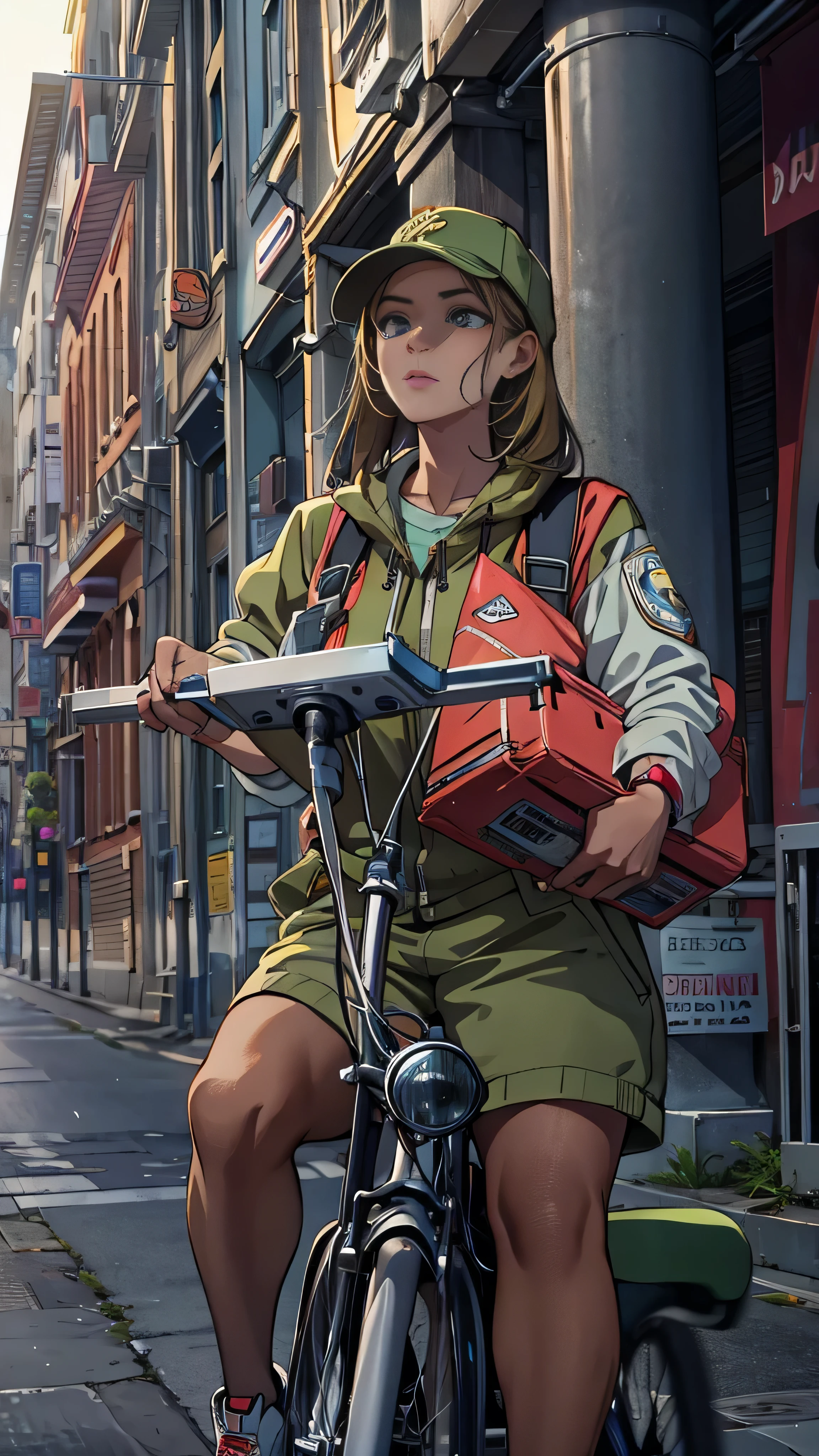 Female courier, Touring, On the way to delivery, On the streets of the city,  high detail, 4K, masterpiece.