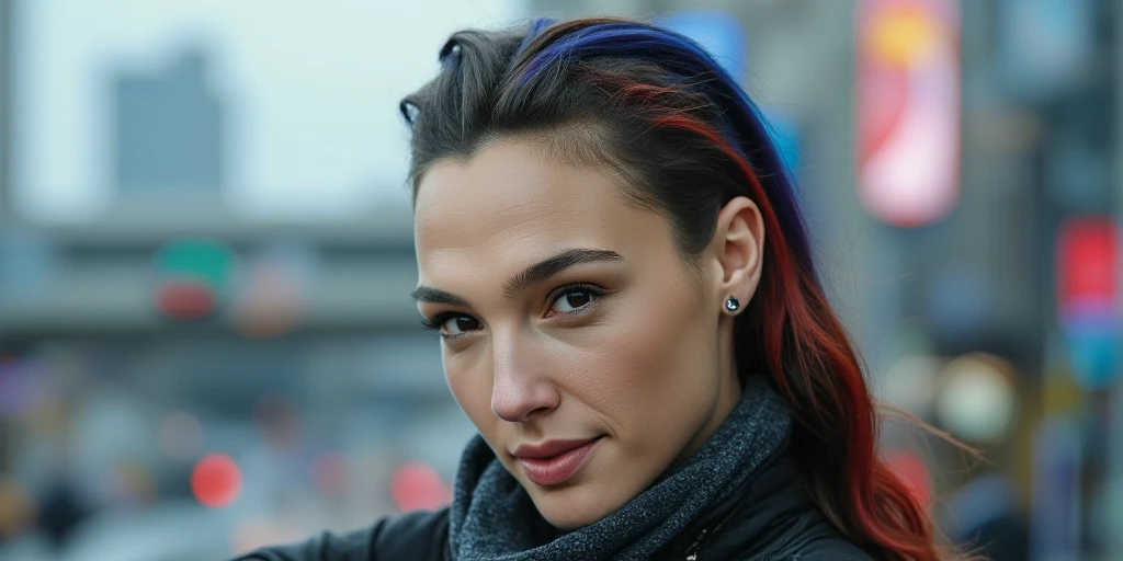 "An ultra-high-resolution, hyper-detailed, photorealistic portrait of, gldwx woman, Hairstyle: (((Asymmetrical style with one side shaved closely:3.5))), creating an undercut look. The mediume hair on the opposite side flows naturally to about chin length. Texture: Sleek and smooth, with a slight natural wave , dark brown base, with red and blue highlights , The hair is parted to the meduime  side, emphasising the contrast with the shaved side. she is sitting on a payment,  her legs folded, overlooking cyberpunk cityscape,  wide angle, side profile shot.
