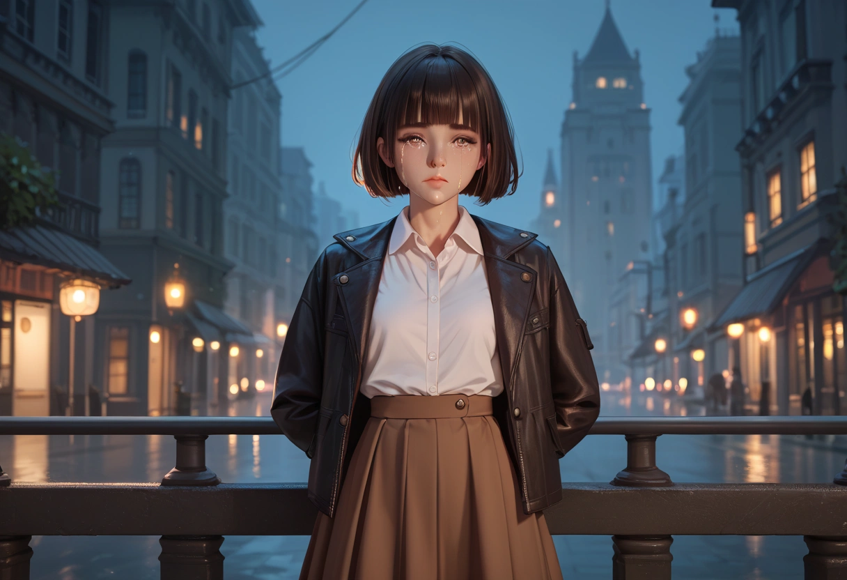 score 9, score 8_up, score 7_up, score real, beautiful face woman, Accurate limb expression, Crying face 、((brown short hair, blunt bangs)), amazing hourglass figure, (dark color long jacket and long skirt),(white collared long sleeve shirt), ((untucked shirt:1.2)), perfect figure, city at night, (standing with　Arms folded behind back) ,Arms behind back, front view, score_9, score_8_up, score_7_up, source real, real skin, BREAK,, score_9, score_8_up, score_7_up, score_9, score_8_up, score_7_up, face,score_9, score_8_up, score_7_up,source_real,real skin, BREAK