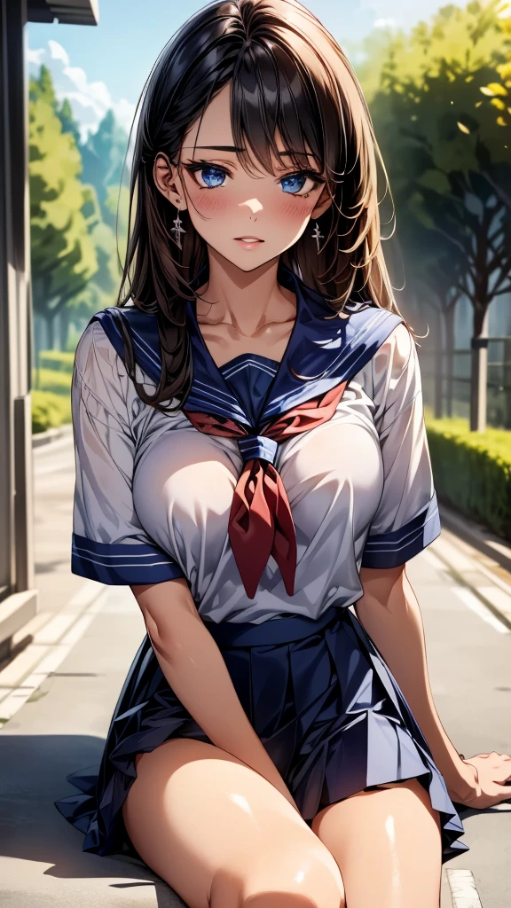 best quality,1girl,((big breasts:1.3)),((orgasm,blush,sweat,steam:1.1)), nanoha takamachi, takamachi nanoha, brown hair, long hair, ((straight hair:1.3)), blue eyes, ((school uniform, serafuku:1.3)), white shirt, black skirt, mini skirt, white thighhighs,((lift skirt,upskirt,white panties,lace panties)),pussy juice,walking,garden,see through,erect nipples