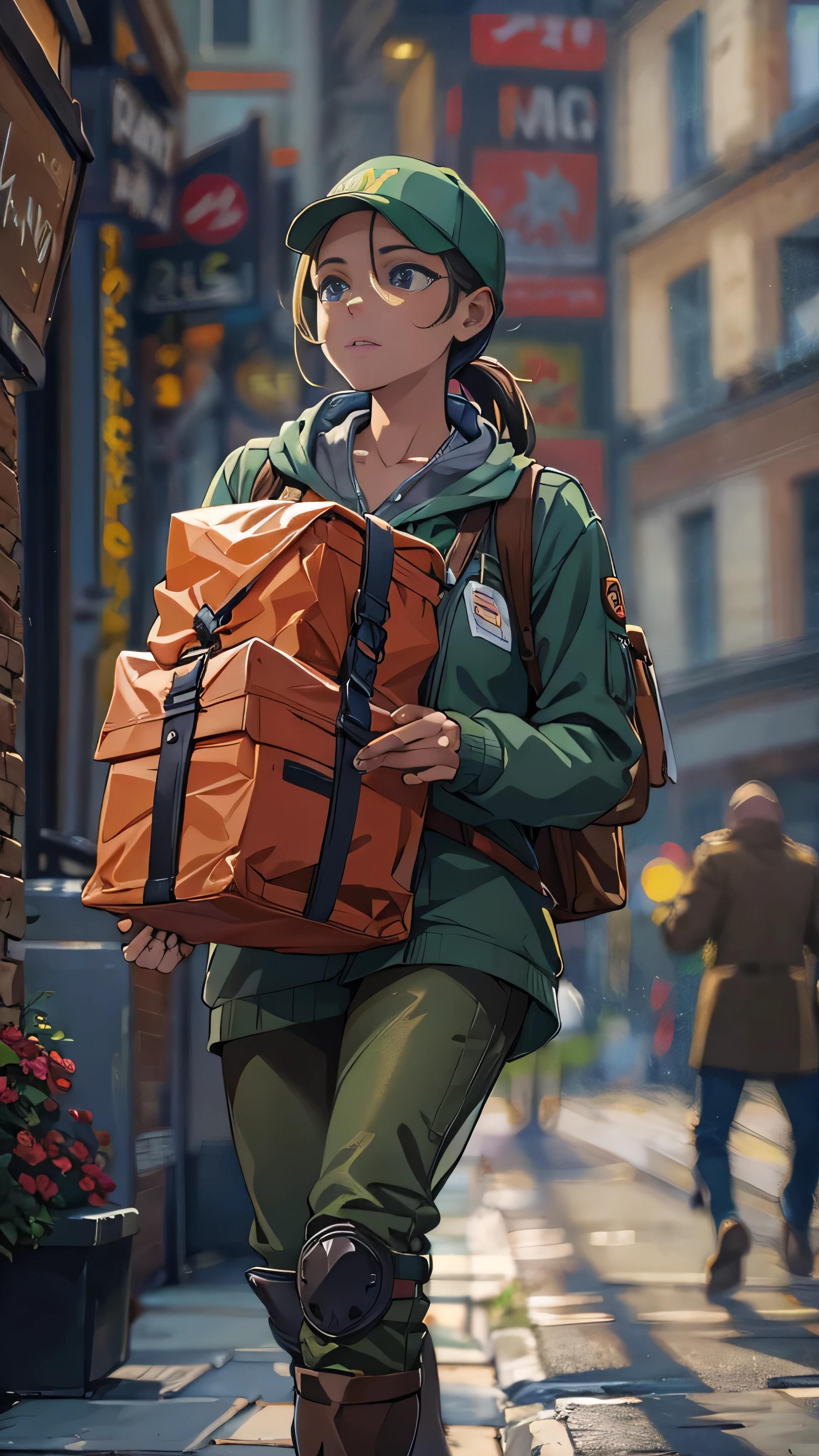 Female courier, Touring, On the way to delivery, On the streets of the city,  high detail, 4K, masterpiece.