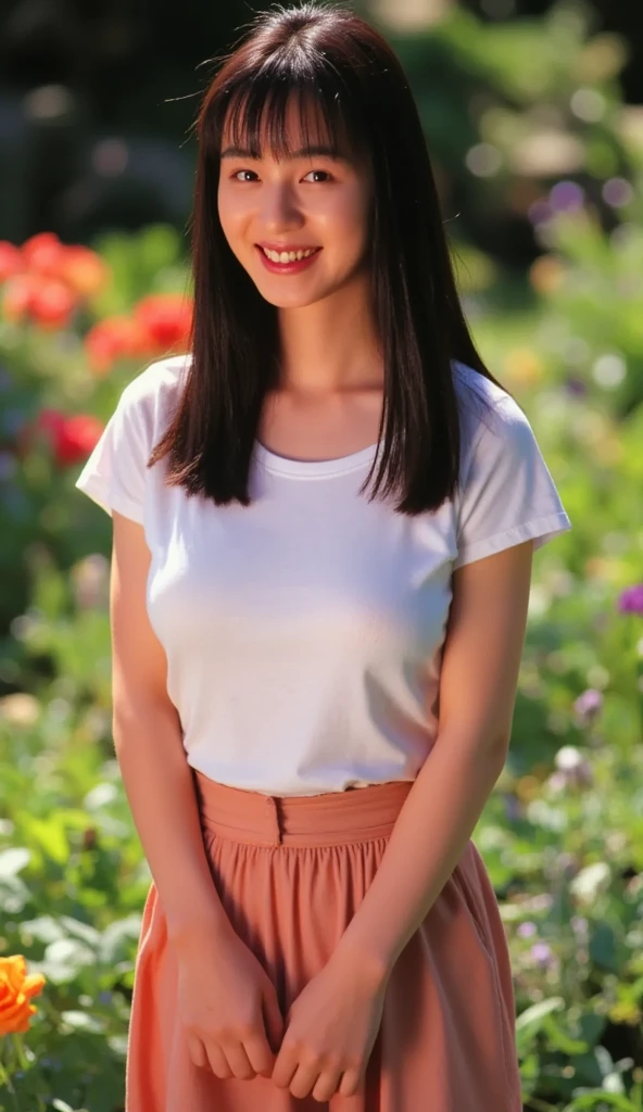 (((Mika, 1girl, solo))), 8k, raw photo, perfectly focused, best focus, realistic skin texture, masterpiece, highest quality, photorealistic, T-shirt, in the garden