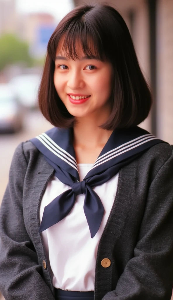 (((Mika, 1girl, solo, all body))), 8k, raw photo, perfectly focused, best focus, realistic skin texture, masterpiece, highest quality, photorealistic, school uniform, cardigan, in a downtown