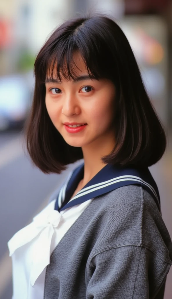 (((Mika, 1girl, solo, all body))), 8k, raw photo, perfectly focused, best focus, realistic skin texture, masterpiece, highest quality, photorealistic, school uniform, cardigan, in a downtown