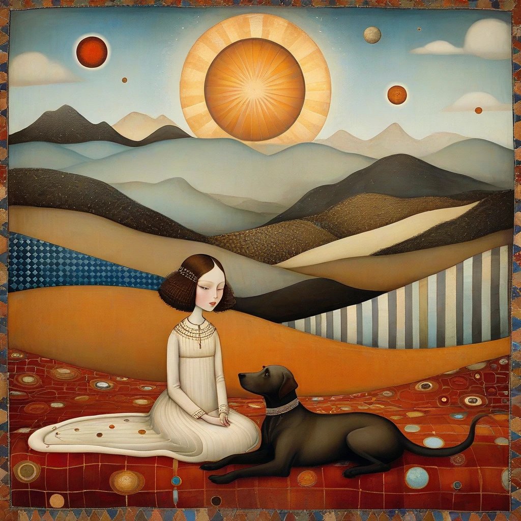 Style by Klimt, Nicoletta Ceccoli, Naoto Hattori, Catrin Welz-Stein, Leonora Carrington of wide shot of a woman is sitting, together with her (brown) Labrador dog, on a large blanket. Behind her is a wide valley with high snow-capped mountains. Sky with irregular glass rectangle pattern, sun disc in rectangles of different heights. Shades of colors, orange, red ochre, blue.
