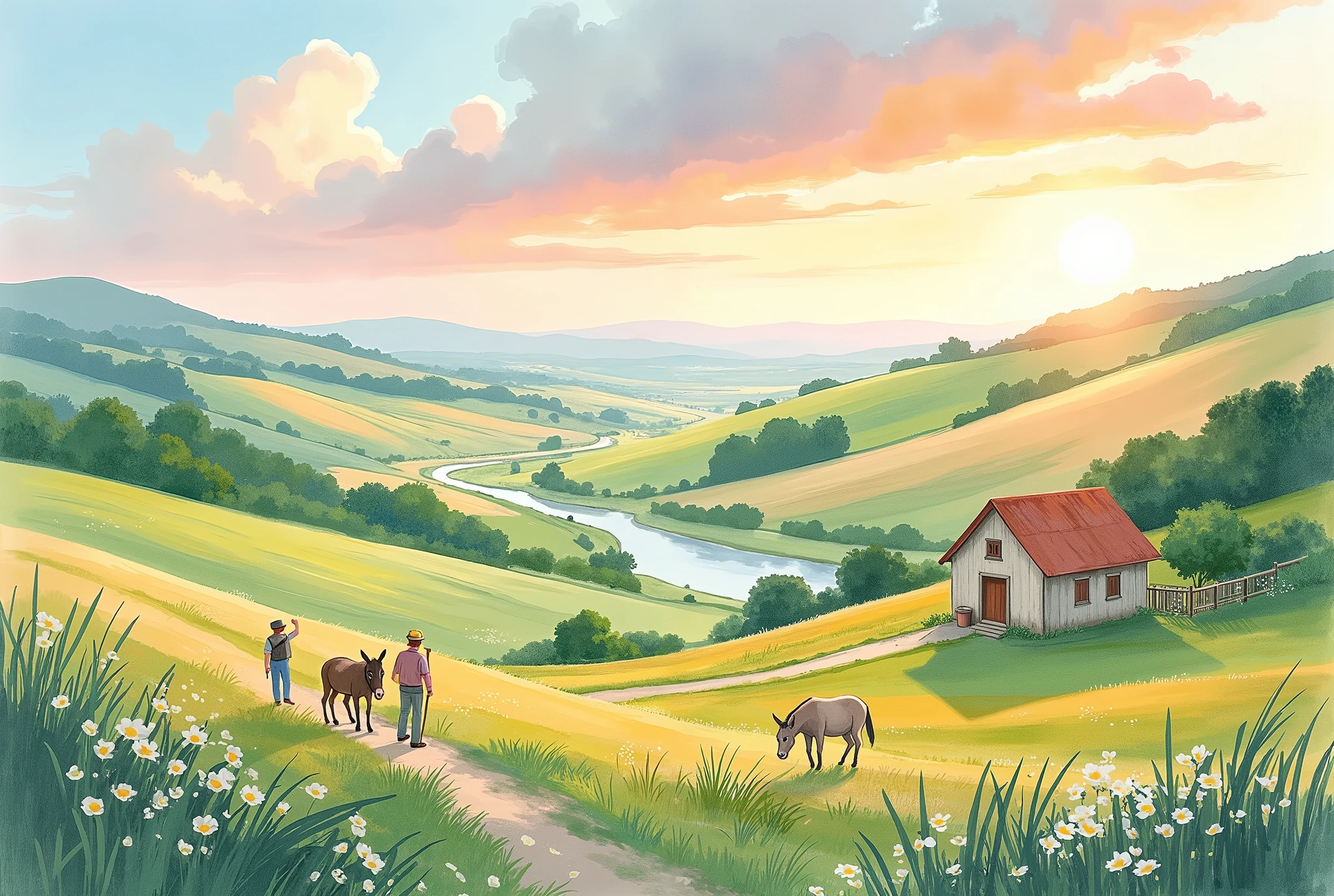 (masterpiece:1.2, best quality, ultra high resolution, Very detailed, best illustrations),8k,16k,wallpaper,Pastoral idyll,(An idyllic and classic western rural landscape seen from above:2.0),美しい gradient , vibrant colors,Spectacular scenery,Endless Skies , Endless Countryside Scenery ,Hut,(農作業するFarmerの人々:2.0),(Farmer:2.0),Beautiful stream,Peaceful rural landscape,Footpath,Simple,( dynamic:2.0),Watercolor,Smear, gradient ,Blur, sputtering,Layering,Dry brush,wiping ,Soft-touch illustrations,autumn,god々Shy sunset,(Cute donkeys are walking:2.0)