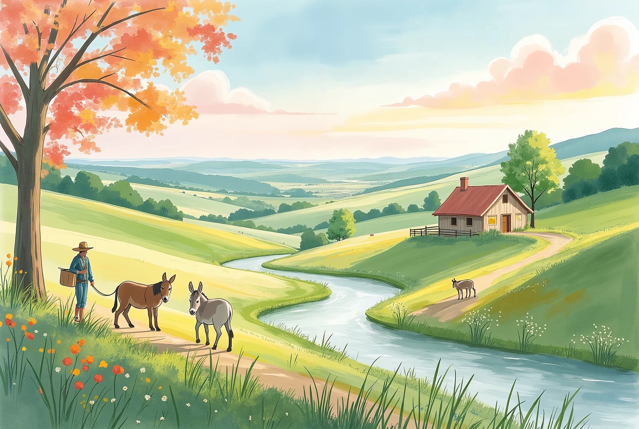 (masterpiece:1.2, best quality, ultra high resolution, Very detailed, best illustrations),8k,16k,wallpaper,Pastoral idyll,(An idyllic and classic western rural landscape seen from above:2.0),美しい gradient , vibrant colors,Spectacular scenery,Endless Skies , Endless Countryside Scenery ,Hut,(農作業するFarmerの人々:2.0),(Farmer:2.0),Beautiful stream,Peaceful rural landscape,Footpath,Simple,( dynamic:2.0),Watercolor,Smear, gradient ,Blur, sputtering,Layering,Dry brush,wiping ,Soft-touch illustrations,autumn,god々Shy sunset,(Cute donkeys are walking:2.0)