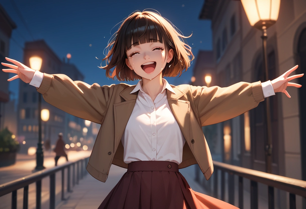 score 9, score 8_up, score 7_up, score real, beautiful face woman, Accurate limb expression, Crying face 、((brown short hair, blunt bangs)), amazing hourglass figure, (dark color long jacket and long skirt),(white collared long sleeve shirt), ((untucked shirt:1.2)), perfect figure, city at night, ( laughing with her arms outstretched) ,Arms behind back, front view, score_9, score_8_up, score_7_up, source real, real skin, BREAK,, score_9, score_8_up, score_7_up, score_9, score_8_up, score_7_up, face,score_9, score_8_up, score_7_up,source_real,real skin, BREAK