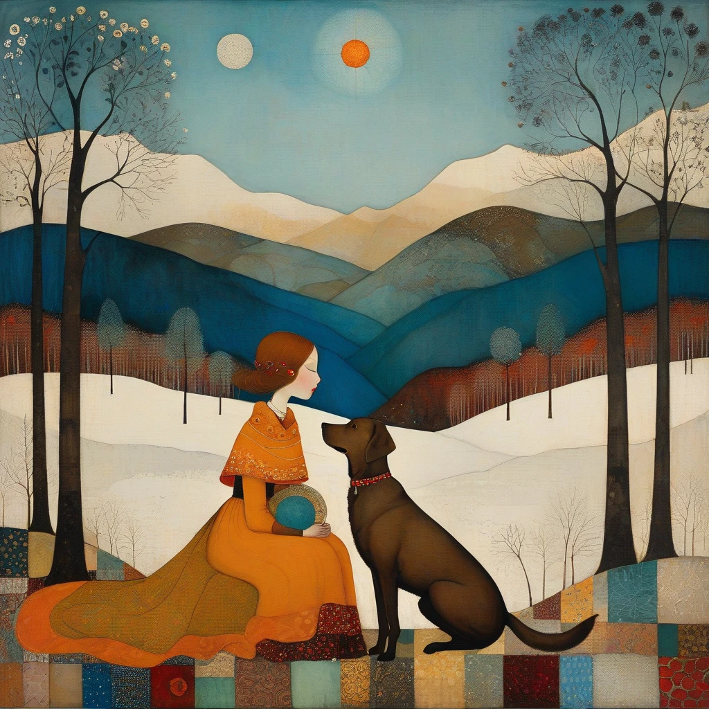 In the style of Klimt, Sam Toft, Florine Stettheimer, Dina Wakley, Catrin Welz-Stein, Gabriel Pacheco, Elisabeth Fredriks. In a forest clearing in winter, a woman is sitting, together with her (brown) Labrador dog, on a large blanket. Behind her is a wide valley with high snow-capped mountains. Sky with irregular glass rectangle pattern, sun disc in rectangles of different heights. Shades of colors, orange, red ochre, blue.
