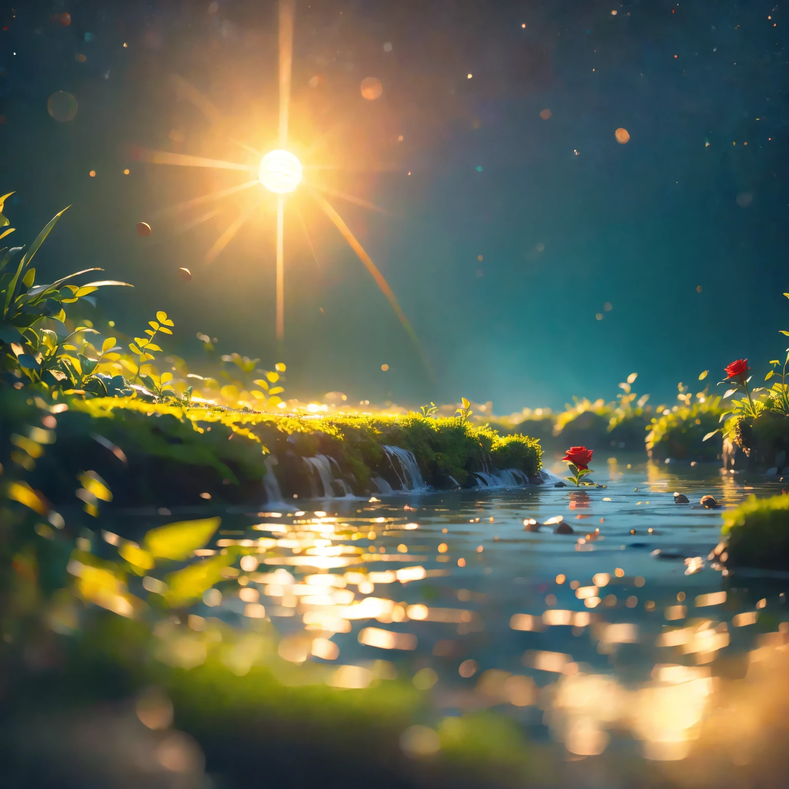 8K quality,(super masterpiece:1.3), best quality, detailed images,unmanned,small red roses,moss,水moss,lake,lake畔,moon, starry sky ,background(Sunset sea,Sunset sky, gradient ).