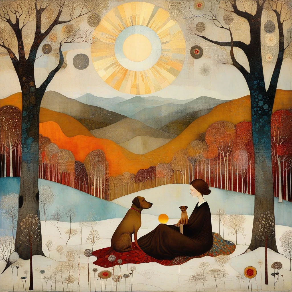 In the style of Klimt, Sam Toft, Florine Stettheimer, Dina Wakley, Catrin Welz-Stein, Gabriel Pacheco, Elisabeth Fredriks. In a forest clearing in winter, a woman is sitting, together with her (brown) Labrador dog, on a large blanket. Behind her is a wide valley with high snow-capped mountains. Sky with irregular glass rectangle pattern, sun disc in rectangles of different heights. Shades of colors, orange, red ochre, blue.
