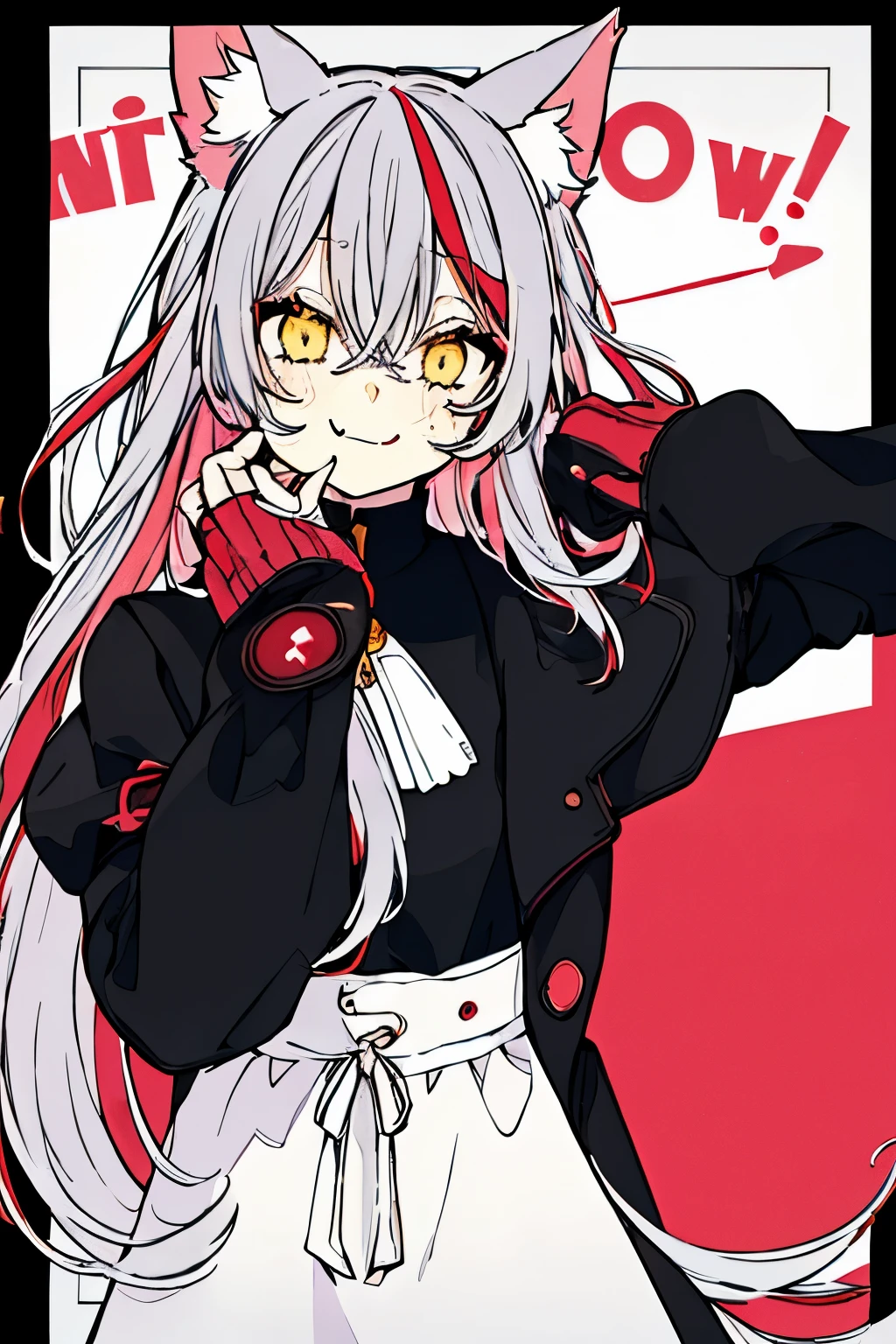 1 girl, Alone, Food, yellow eyes, Long Hair, long sleeve , bangs, Food uP, black Foodie, arm uP, uPPer body, Multicolored Hair , Watching Viewers , Gray Hair, hair between eyes, Puffy long sleeve , Foodie, Puffy sleeves, Pink hair, drawstring, , closed mouth, :P, fake animal ear, virtual YouTuber, sleeves Past wrists, black jacket, jacket, Bicolor Hair , White and red hair,No cat ears