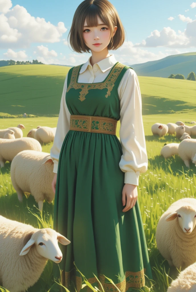 Pastoral Idyll/Idyllic/Pastoral idyll、 young woman、 Celtic Music 、Irish national costume、sheep、