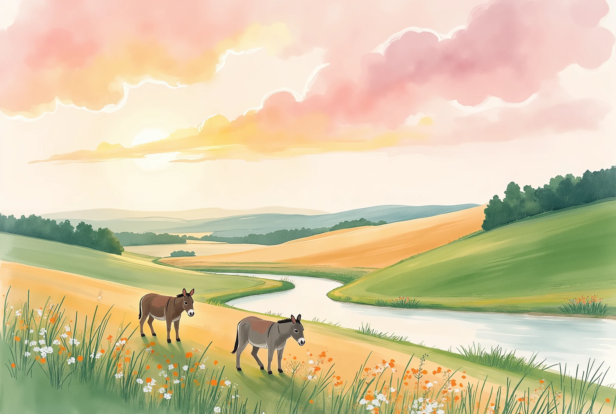(masterpiece:1.2, best quality, ultra high resolution, Very detailed, best illustrations),8k,16k,wallpaper,Pastoral idyll,(An idyllic and classic western rural landscape seen from above:2.0),美しい gradient , vibrant colors,Spectacular scenery,Endless Skies , Endless Countryside Scenery ,Hut,(農作業するFarmerの人々:2.0),(Farmer:2.0),Beautiful stream,Peaceful rural landscape,Footpath,Simple,( dynamic:2.0),Watercolor,Smear, gradient ,Blur, sputtering,Layering,Dry brush,wiping ,Soft-touch illustrations,autumn,god々Shy sunset,(Cute donkeys are walking:2.0),(Harvest Season:2.0)