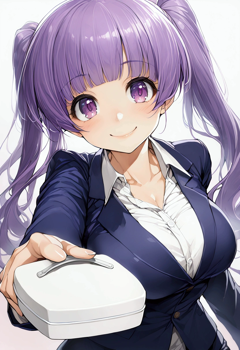 1 woman, purple hair color, straight bangs, princess cut, black droopy eyes, fluffy twin tails, slightly big breasts, white shirt, dark blue suit((( big smile))),((( from the front))),((((Hold out a small white lunch box)))