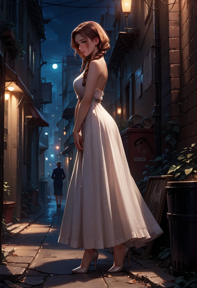 score_9, score_8_up, score_7_up, 1girl, solo, beautiful waifu, very sexy (Anna, brown hair, braided pigtails:1.3), sexy halter dress, high heels, shy, BREAK (night, dark:1.3), dark alley, shallow depth of field, vignette, bokeh, BREAK (Hand, detailed, perfect, perfection, hands:1.2), perfect hands, perfect proportions, simple background.