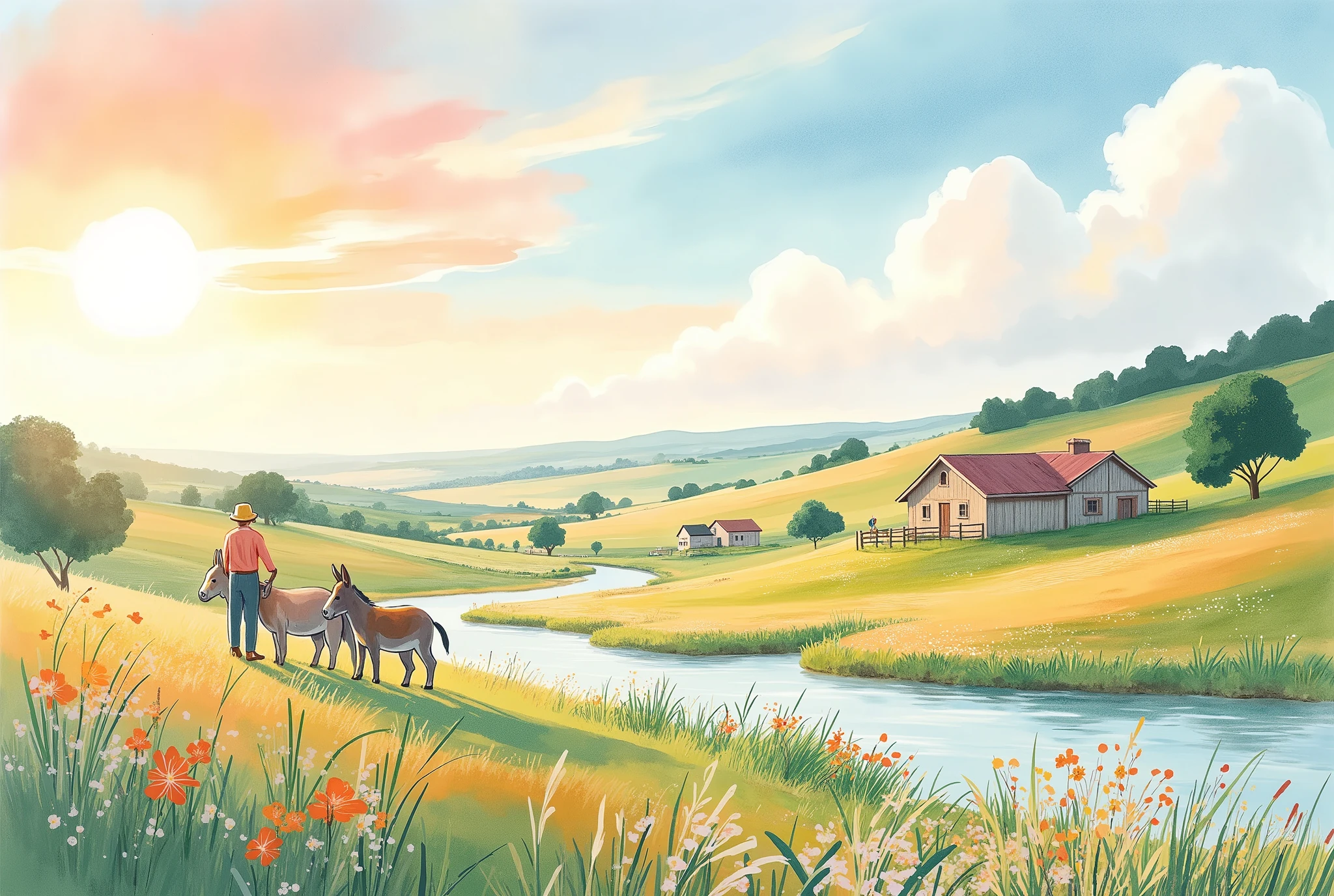 (masterpiece:1.2, best quality, ultra high resolution, Very detailed, best illustrations),8k,16k,wallpaper,Pastoral idyll,(An idyllic and classic western rural landscape seen from above:2.0),美しい gradient , vibrant colors,Spectacular scenery,Endless Skies , Endless Countryside Scenery ,Hut,(農作業するFarmerの人々:2.0),(Farmer:2.0),Beautiful stream,Peaceful rural landscape,Footpath,Simple,( dynamic:2.0),Watercolor,Smear, gradient ,Blur, sputtering,Layering,Dry brush,wiping ,Soft-touch illustrations,autumn,god々Shy sunset,(Cute donkeys are walking:2.0)