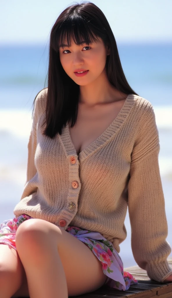 (((Mika, 1girl, solo, full body))), 8k, raw photo, perfectly focused, best focus, realistic skin texture, masterpiece, highest quality, photorealistic, V-neck sweater, seaside