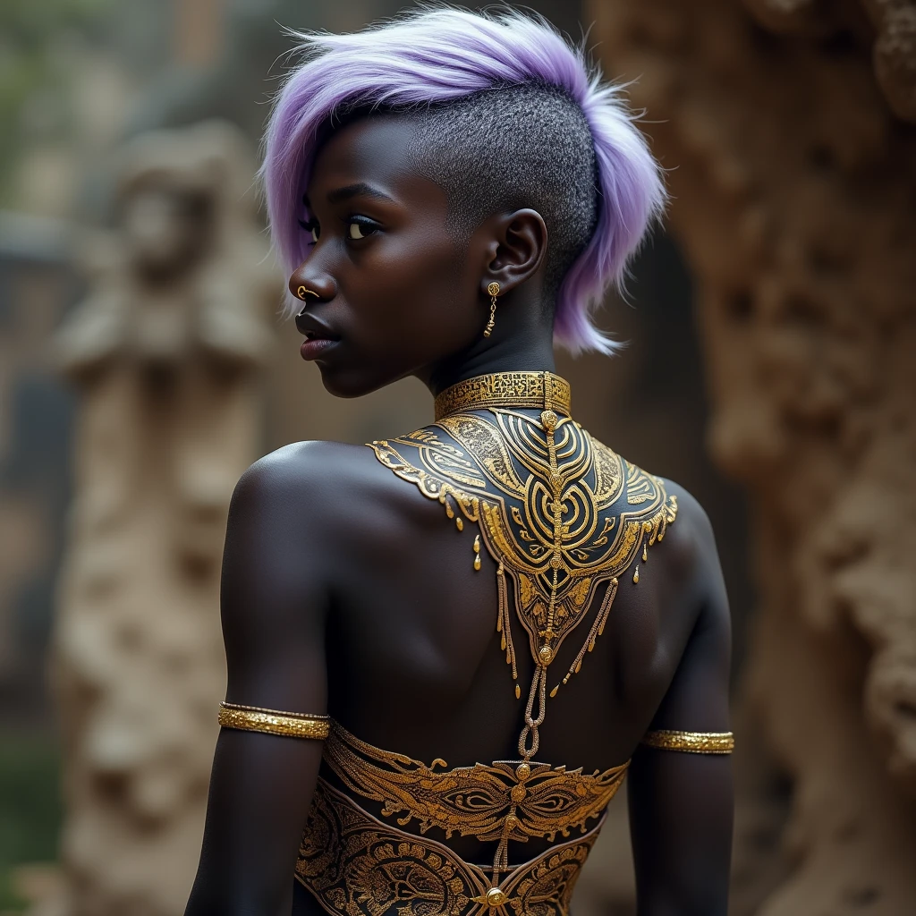 cinematic, (score_8_up:1.5),  1girl, ((bodypaint)), zebra stripes, black and white, (african female), from behind, zebra, pattern, striped mohawk, waist up, outdoors, plains, head turned, off center, (side view:0.8), black lipstick,