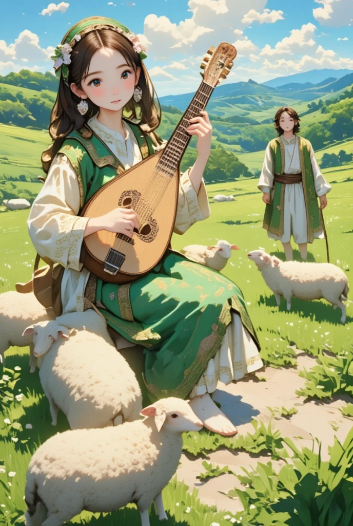 Pastoral Idyll/Idyllic/Pastoral idyll、 young woman、リュートを奏でる、(((若い男性が歌を歌いsheepと戯れる:1.7)))、 Celtic Music 、Irish national costume、sheep、