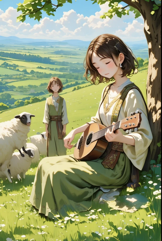 Pastoral Idyll/Idyllic/Pastoral idyll、 young woman、リュートを奏でる、(((若い男性が歌を歌いsheepと戯れる:1.7)))、 Celtic Music 、Irish national costume、sheep、