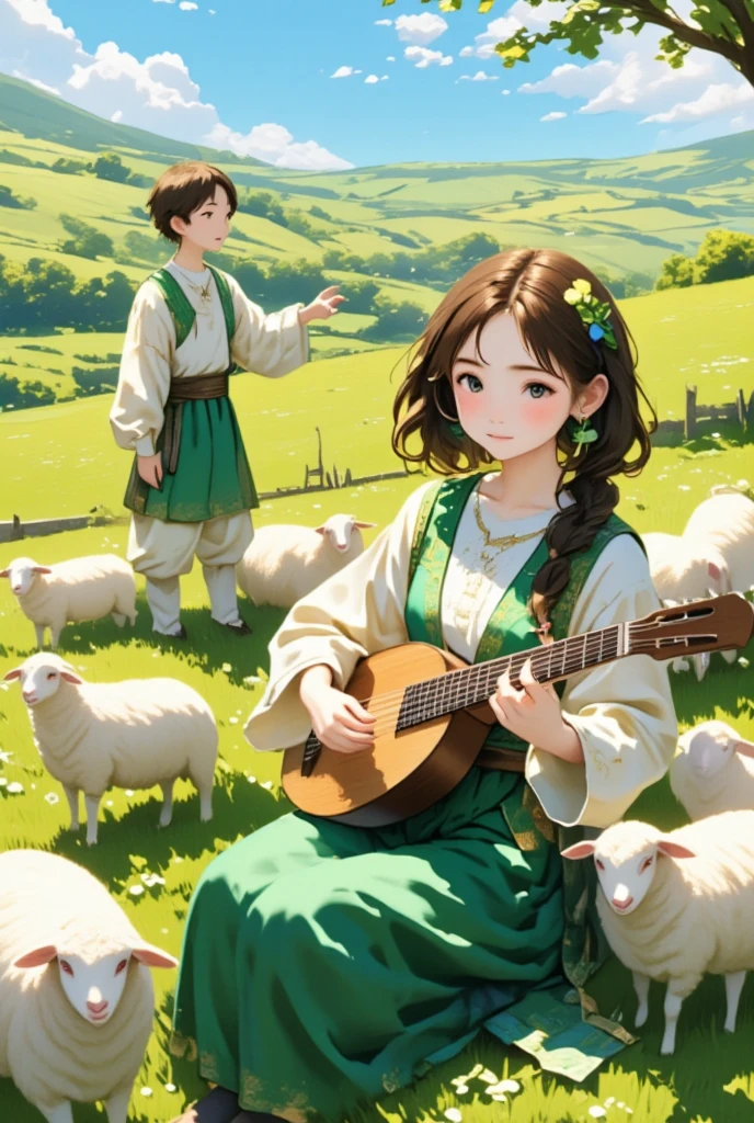 Pastoral Idyll/Idyllic/Pastoral idyll、 young woman、リュートを奏でる、(((若い男性が歌を歌いsheepと戯れる:1.7)))、 Celtic Music 、Irish national costume、sheep、