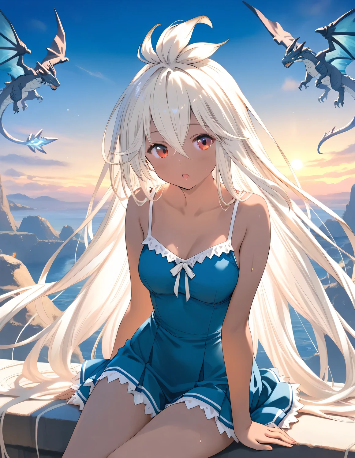 1girl, zooey_(granblue_fantasy), little female, dark-skinned female, very long hair, white hair, red eyes, beautiful detailed eyes, medium breasts,  open mouth, sweat, dragon, sitting, outdoors, wind, game CG break,((artist:shida_kazuhiro)),(artist:mitsumi_misato),(artist:fujiyama),,(masterpiece), (best quality), (ultra-detailed), very aesthetic, newest, beauty illustration,super detailed skin,  (masterpiece), (best quality), (ultra-detailed), very aesthetic lighting,hi res,absurd_res,2023,2024,(shaded),digital media (artwork), realistic lighting, 4k, 8k,