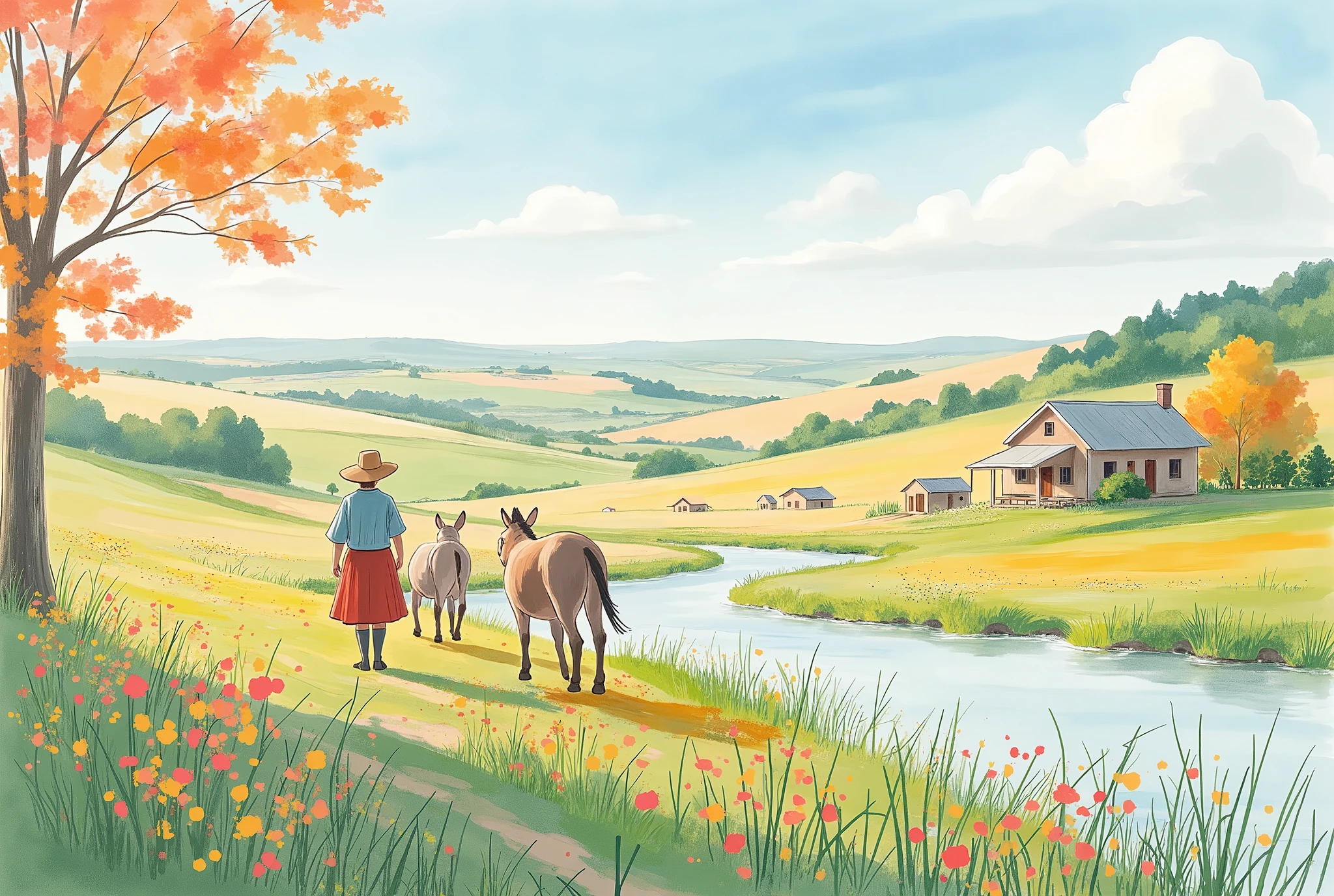 (masterpiece:1.2, best quality, ultra high resolution, Very detailed, best illustrations),8k,16k,wallpaper,Pastoral idyll,(An idyllic and classic western rural landscape seen from above:2.0),美しい gradient , vibrant colors,Spectacular scenery,Endless Skies , Endless Countryside Scenery ,Hut,(農作業するFarmerの人々:2.0),(Farmer:2.0),Beautiful stream,Peaceful rural landscape,Footpath,Simple,( dynamic:2.0),Watercolor,Smear, gradient ,Blur, sputtering,Layering,Dry brush,wiping ,Soft-touch illustrations,autumn,god々Shy sunset,(Cute donkeys are walking:2.0)