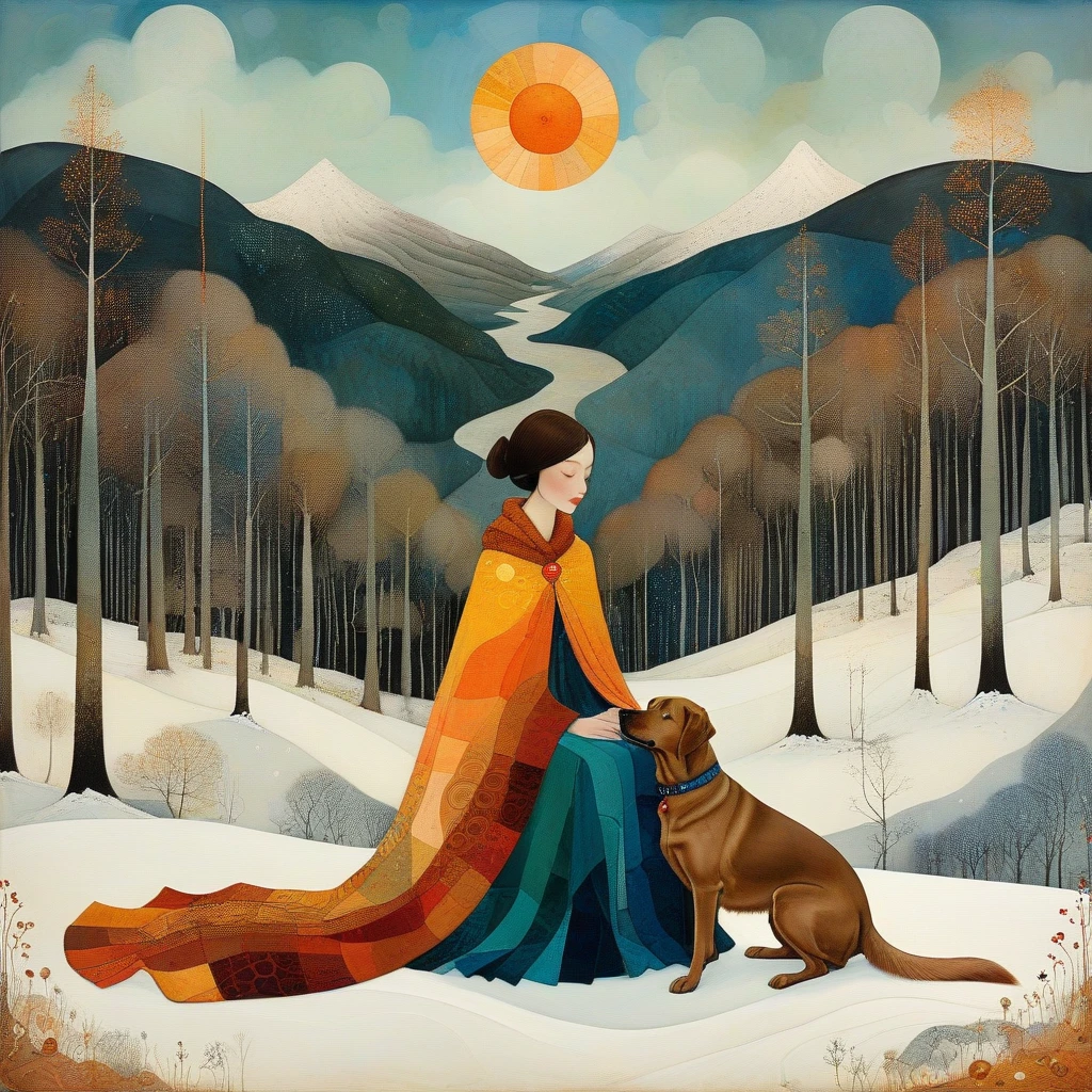 In the style of Klimt, Sam Toft, Florine Stettheimer, Dina Wakley, Catrin Welz-Stein, Gabriel Pacheco, Elisabeth Fredriks. In a forest clearing in winter, a woman is sitting, together with her (brown) Labrador dog, on a large blanket. Behind her is a wide valley with high snow-capped mountains. Sky with irregular glass rectangle pattern, sun disc in rectangles of different heights. Shades of colors, orange, red ochre, blue.
