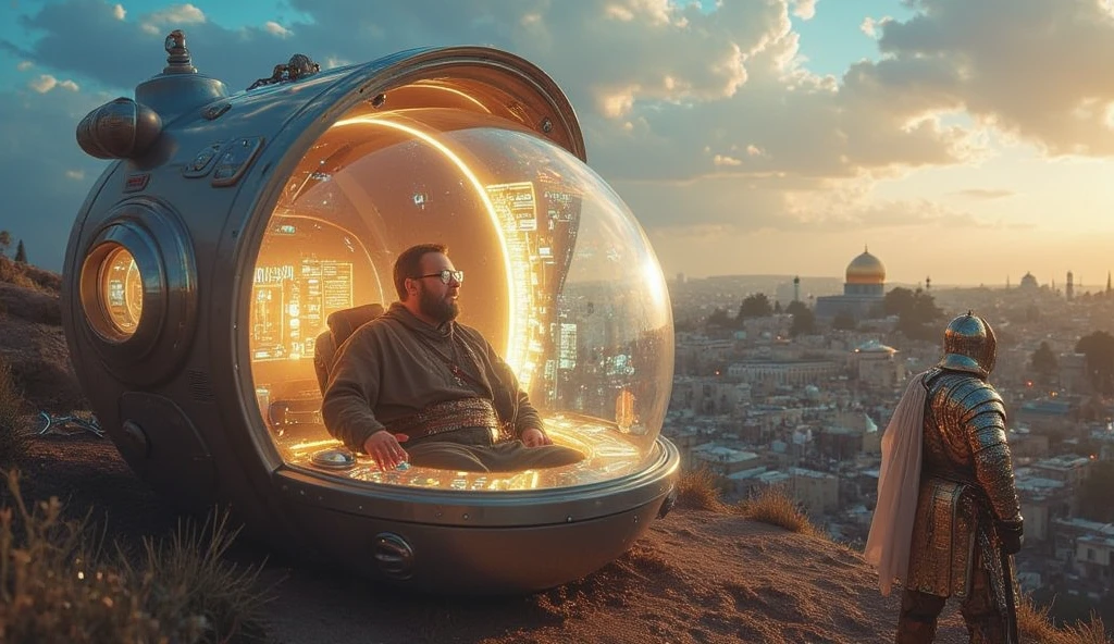 ((masterpiece)) ((photography)) ((Highest quality)) A hyper-realistic illustration of a bearded man wearing glasses, slightly overweight, sitting inside a futuristic time-travel machine. The machine, with glowing holographic controls and a transparent dome, is positioned on a hill overlooking Jerusalem during its liberation by Saladin in 1187. The scene is filled with historical details: Saladin, clad in ornate armor, stands with his army near the city gates, exuding a commanding yet merciful presence. The city’s iconic architecture, including the Dome of the Rock, is illuminated by the warm light of dawn. The man inside the machine watches solemnly, his face reflecting the gravity and significance of the moment in history.