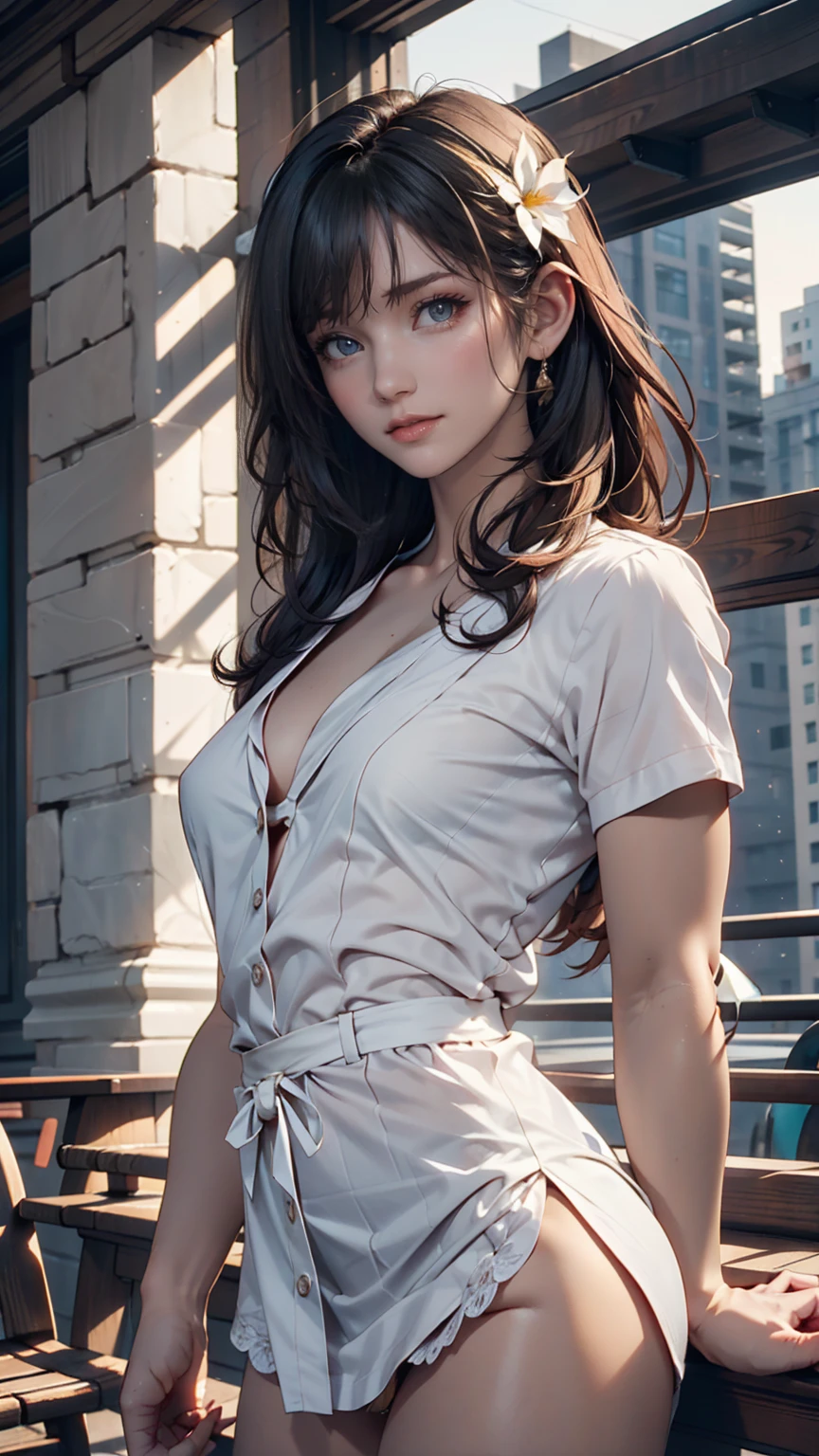 ((Highest quality, 8k, masterpiece :1.3)), whole body, Sharp focus :1.2, Beautiful woman with perfect figure :1.4, Slim Abs :1.2, ((Dark brown hair, Big Breasts :1.2)), Tank top dress :1.1, (Night city view, Modern balcony :1.1), Highly detailed face and skin texture, Detailed eyes, double eyelid