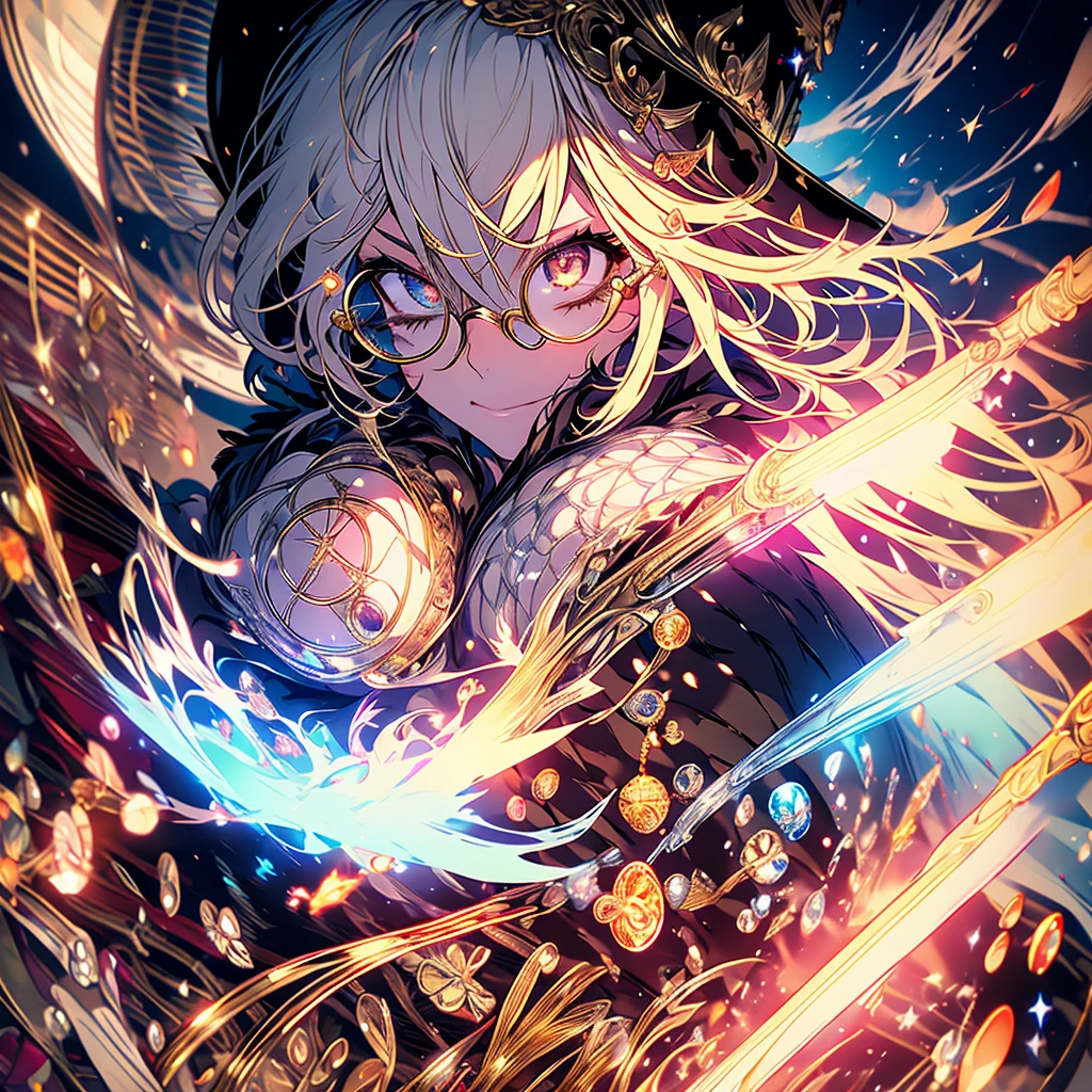  High Quality、 High Quality 、 Details、Beautiful face、Adult male、Robe、 Inverness Coat、Blonde、Beard、Dandy、Dandyズム、 monocle、glasses、 The Wizard、 Magic Rim、incantation、Runes、Sparkle、 magic wand、 Hollywood action、 bold posing 、 explosions in the background 、 light converges on hands 、