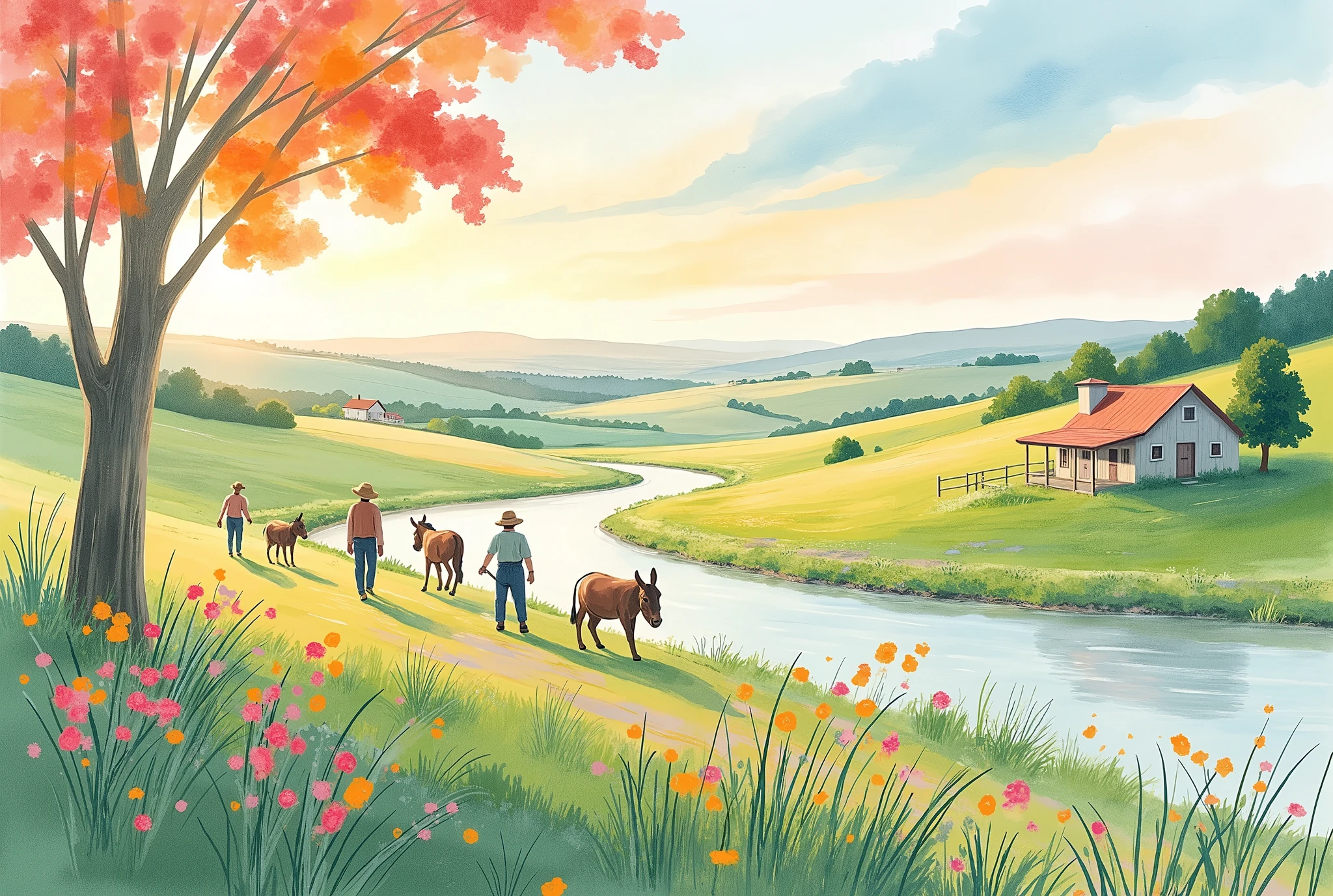 (masterpiece:1.2, best quality, ultra high resolution, Very detailed, best illustrations),8k,16k,wallpaper,Pastoral idyll,(An idyllic and classic western rural landscape seen from above:2.0),美しい gradient , vibrant colors,Spectacular scenery,Endless Skies , Endless Countryside Scenery ,Hut,(農作業するFarmerの人々:2.0),(Farmer:2.0),Beautiful stream,Peaceful rural landscape,Footpath,Simple,( dynamic:2.0),Watercolor,Smear, gradient ,Blur, sputtering,Layering,Dry brush,wiping ,Soft-touch illustrations,autumn,god々Shy sunset,(Cute donkeys are walking:2.0)