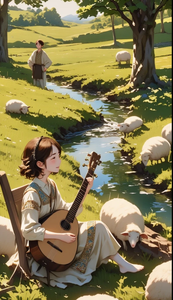 Pastoral Idyll/Idyllic/Pastoral idyll、 young woman、 playing the lute 、(((若い男性が歌を歌いsheepと戯れる:1.7、sheepと戯れる***、Boy with a smile )))、 Celtic Music 、 Irish folk costume playing the lute 、sheep、