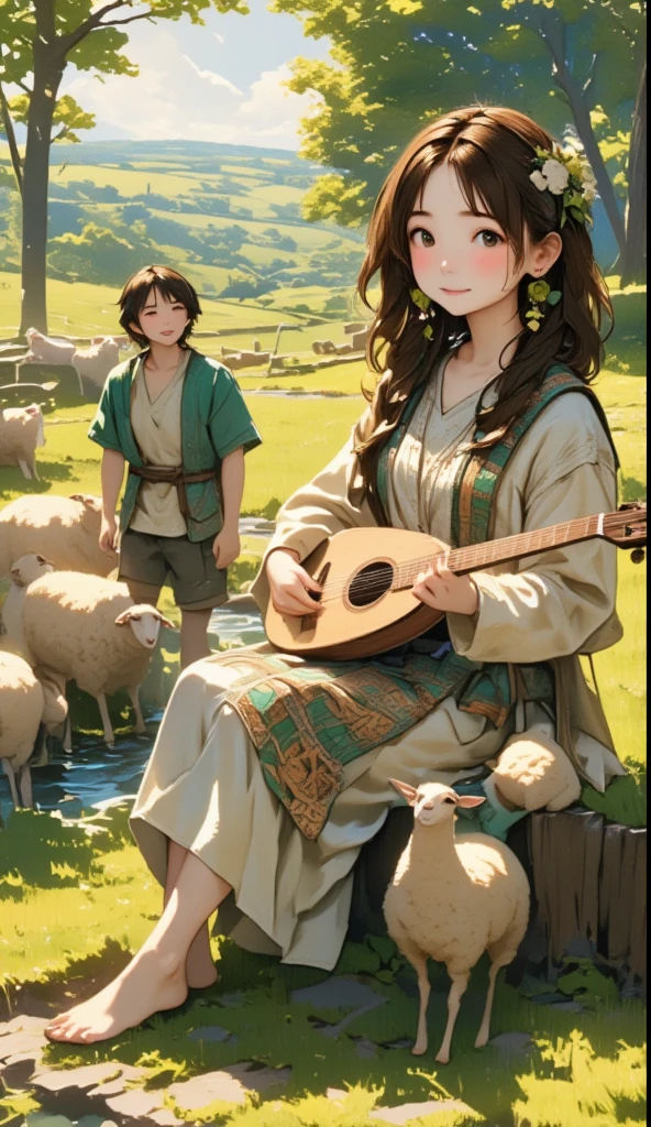 Pastoral Idyll/Idyllic/Pastoral idyll、 young woman、 playing the lute 、(((若い男性が歌を歌いsheepと戯れる:1.7、sheepと戯れる***、Boy with a smile )))、 Celtic Music 、 Irish folk costume playing the lute 、sheep、