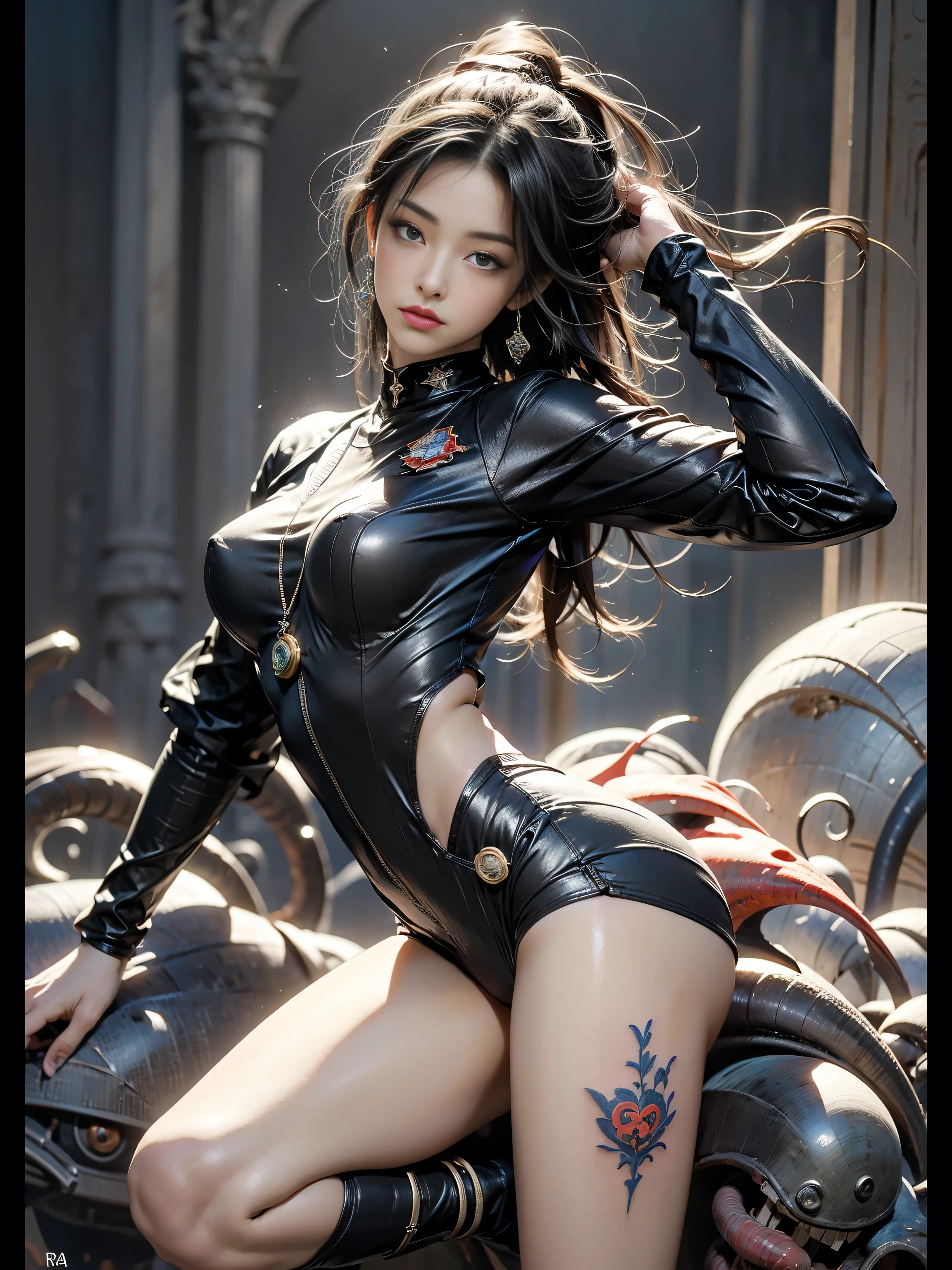 (( Zerg Queen 、 beautiful chicade back with a beautiful black tattoo:1.5)): Ranlinger,  18 year old with a slim, perfect body , (dictator:1.4),  disheveled pink hair , beautiful  perfect face, skin texture,  ,  perfect face, Yasutomo Oka&#39;s painting style.,  big, firm chest , Sharp Eye, break,  dynamic sexy pose , Sweaty, Dress up, back neckline ,  what does the tattoo show ,  Black Long Skirt,  black boots,  add light purple and purple .,  add light red ,  complex details,  welcome screen , 8k resolution,  masterpiece ,(Military Medals, Huge dark palace :1.4), (Relentless, dignity, Crazy:1.3), Sharp Eye, break