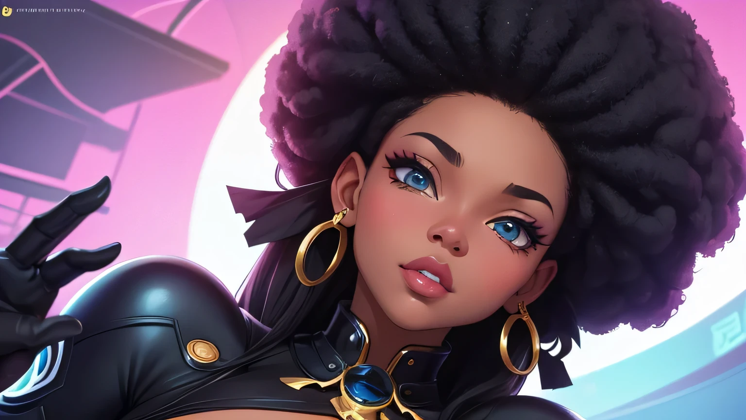 (best quality:1.3), (4K quality),masterpiece, best quality, high res, detailed, (Detailed face:1.2), (Detailed eyes:1.2), solo, 1girl, 25 year old woman, Futuristic Girl, Dark Skin, Purple eyes, space, Purple Hair, Blue Hair, Pink Hair, Long Hair, Dark Skin, Futuristic Coffee Shop, style artgerm, extremely detailed artgerm,