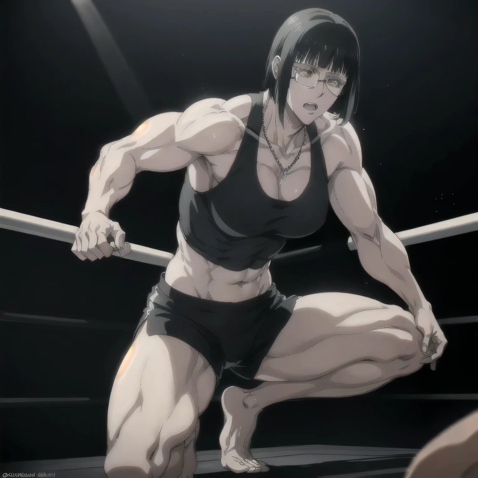 best quality,ultra-detailed,realistic:1.37),musclaur badass girl with sculpted body with preview her musclaur body and six-pack, full review of the female character's face and body, intense expression, strong and confident posture, studio lighting, vivid colors, physiologically-based rendering, grungy texture, rugged background, dust particles in the air, commanding presence, professional, powerful, gritty aesthetics,,Valmet،short hair, Chains necklace,Light reflection on shoulders,clean muscles،wearing black sport shorts and blue gym tank top,tattoos on shoulders،muscles review( girl solo),eyepatch,Shining muscles,eyes detailing,fat free body,veins in muscles,penis growth inside shorts,Photo session,Matching remix,Barefoot, female boxing fighter training